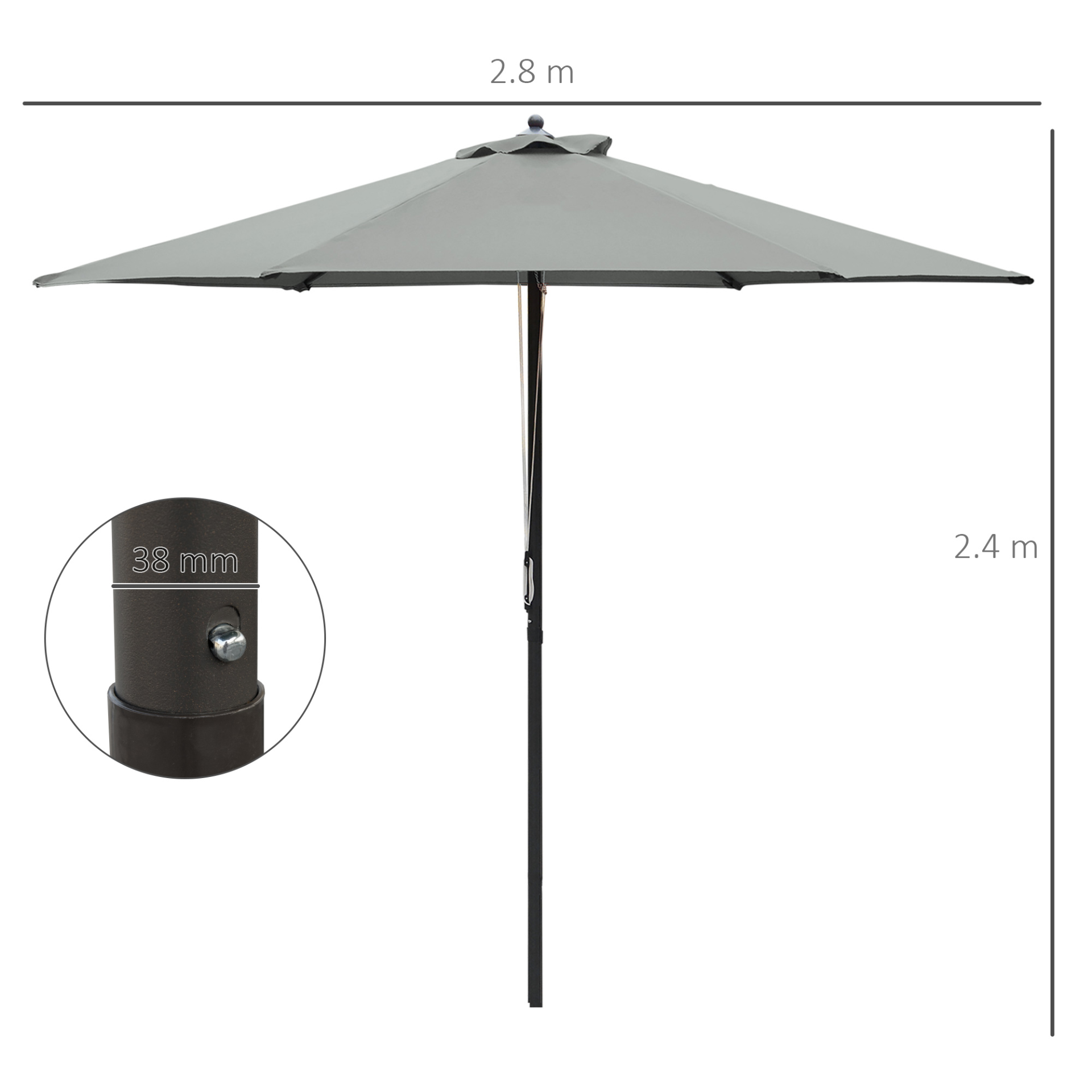 Outsunny 2.8m Patio Parasols Umbrellas Outdoor 6 Ribs Sunshade Canopy Manual Push Garden Backyard Furniture, Dark Grey