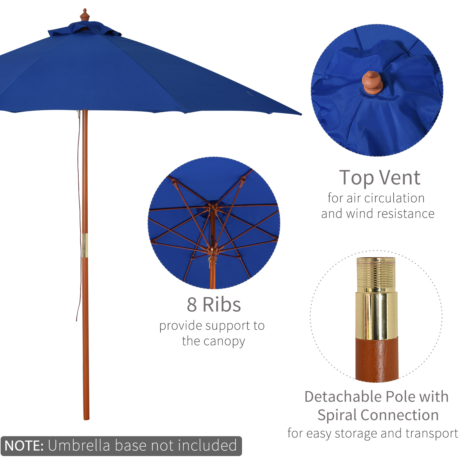 Outsunny 2.5m Wood Parasol Garden Sun Shade Patio Outdoor Market Umbrella Canopy with Top Vent, Blue