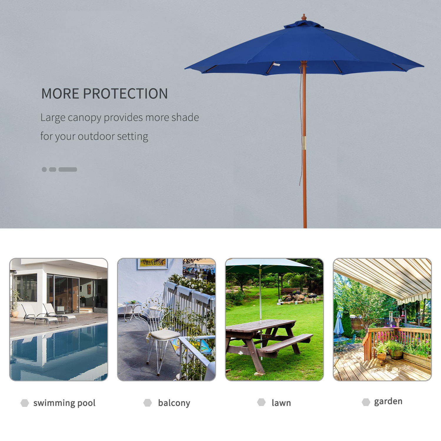 Outsunny 2.5m Wood Parasol Garden Sun Shade Patio Outdoor Market Umbrella Canopy with Top Vent, Blue