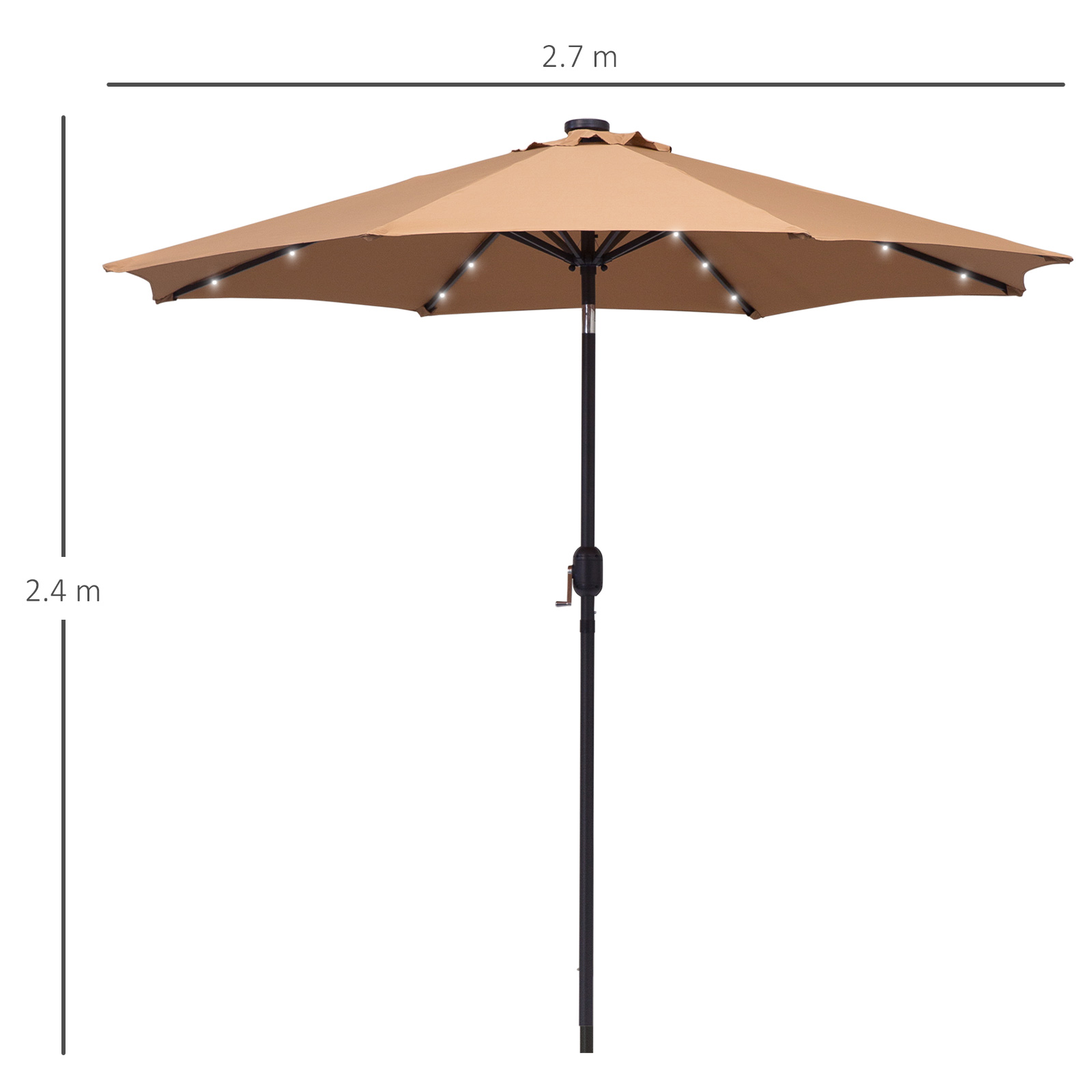 Outsunny 2.7m Patio Garden Umbrella Outdoor Parasol with Tilt Crank and 24 LEDs Lights (Brown)