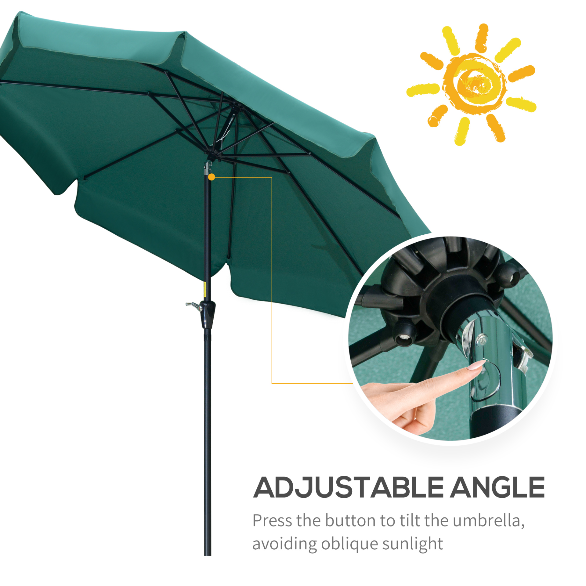 Outsunny 2.7m Patio Parasol Garden Umbrellas Outdoor Sun Shade Table Umbrella with Tilt, Crank, 8 Ribs, Ruffles, Green