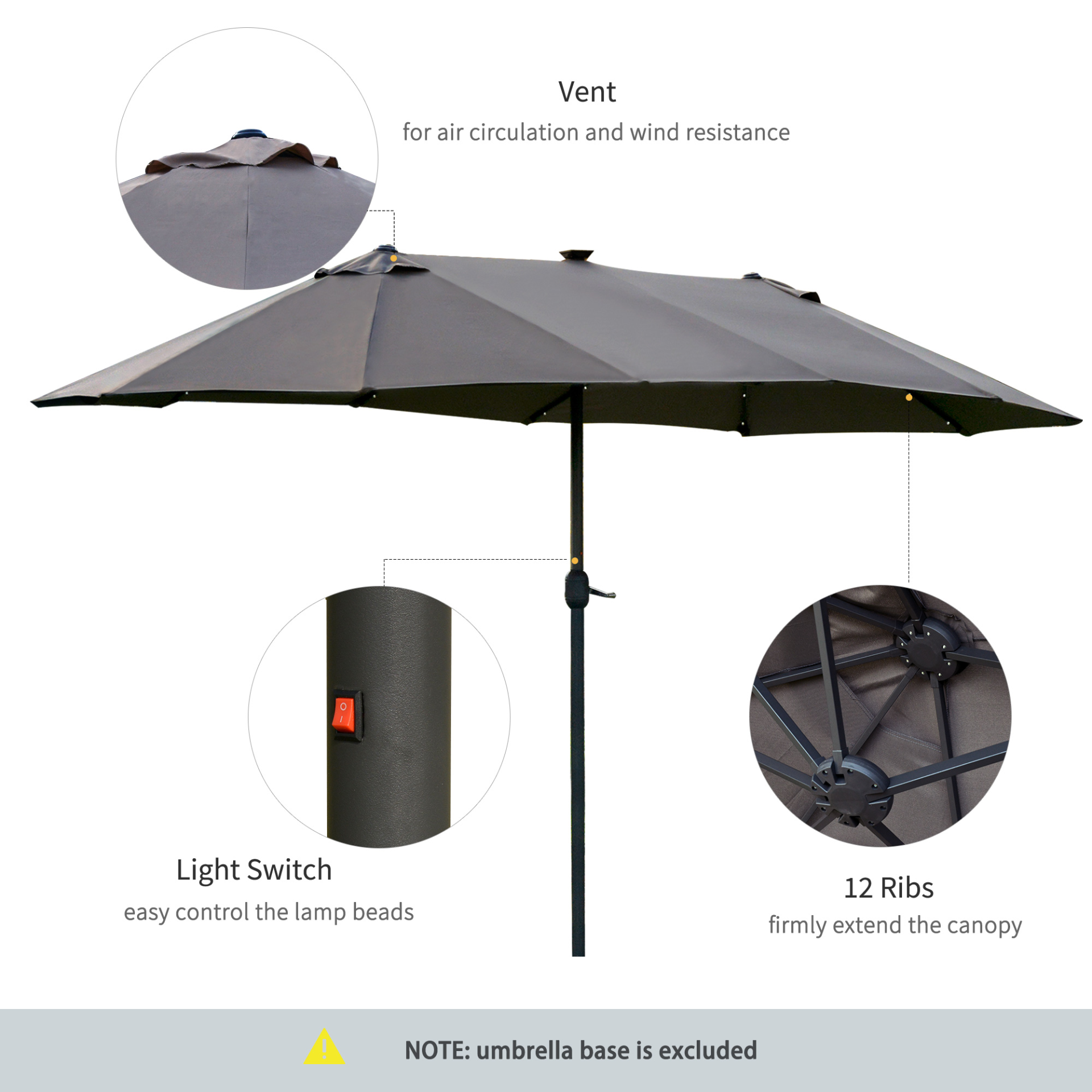 Outsunny 4.4m Double-Sided Sun Umbrella Garden Parasol Patio Sun Shade Outdoor with LED Solar Light, NO BASE INCLUDED, Dark Grey