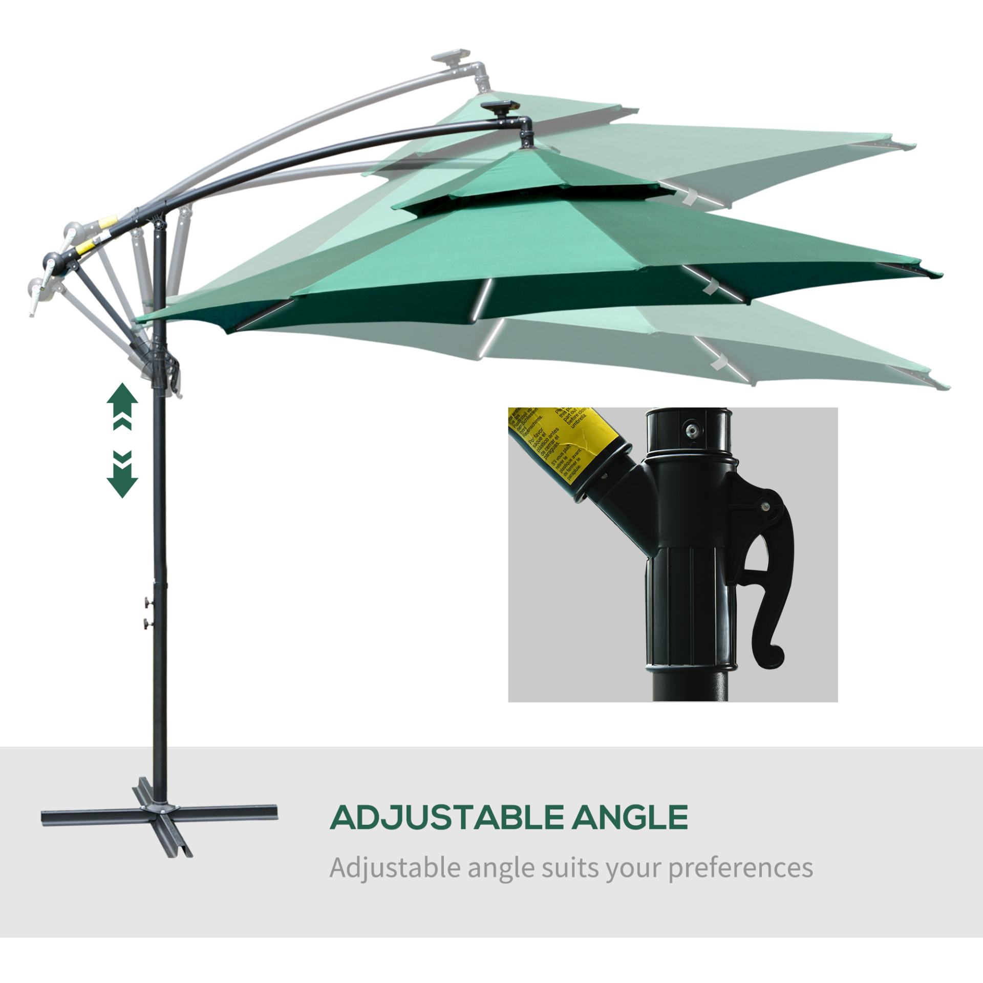 Outsunny 3(m) Cantilever Banana Parasol Hanging Umbrella with Double Roof, LED Solar lights, Crank, 8 Sturdy Ribs and Cross Base for Outdoor, Garden, Patio, Green