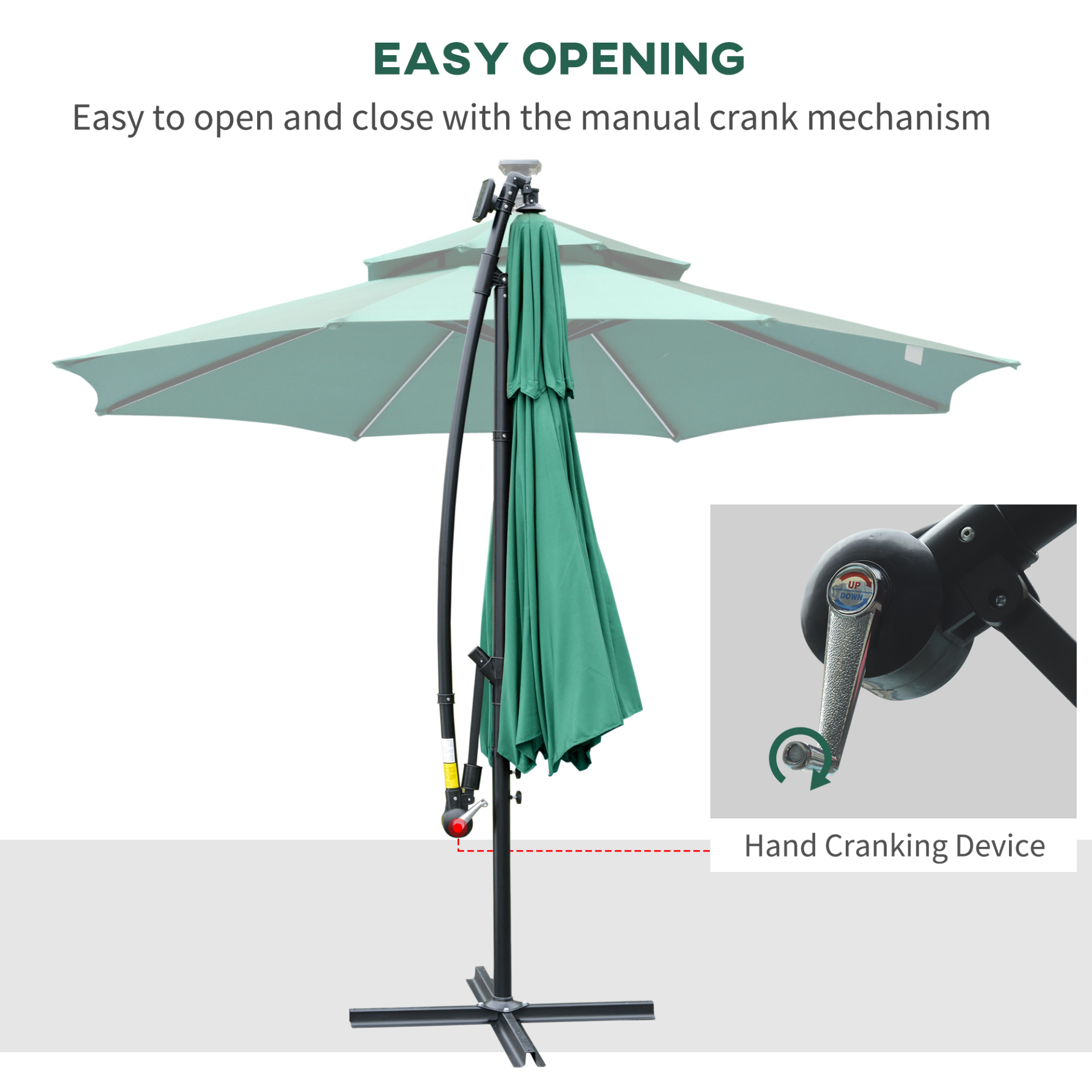 Outsunny 3(m) Cantilever Banana Parasol Hanging Umbrella with Double Roof, LED Solar lights, Crank, 8 Sturdy Ribs and Cross Base for Outdoor, Garden, Patio, Green