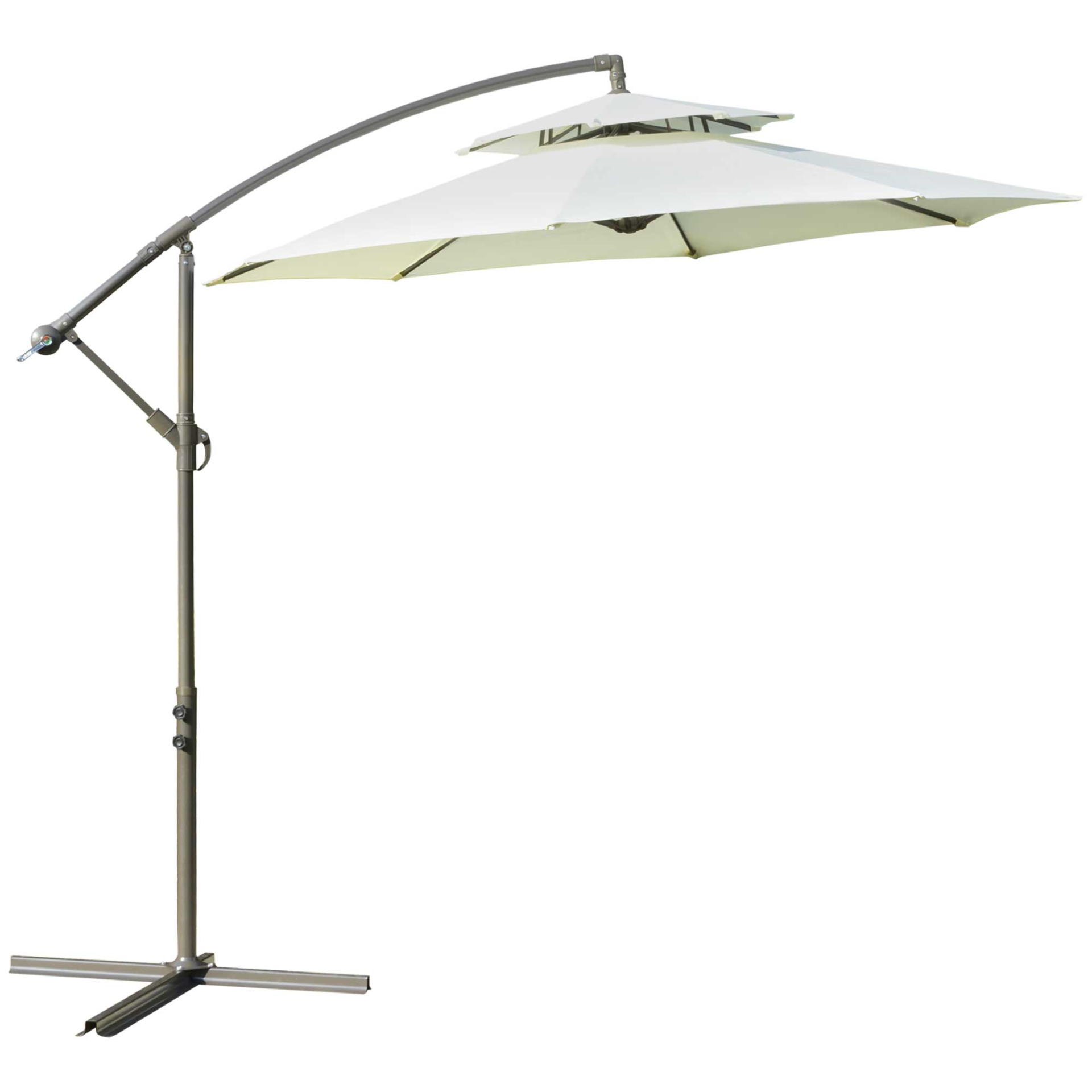 Outsunny 2.7m Garden Banana Parasol Cantilever Umbrella with Crank Handle, Double Tier Canopy and Cross Base for Outdoor, Hanging Sun Shade, Beige