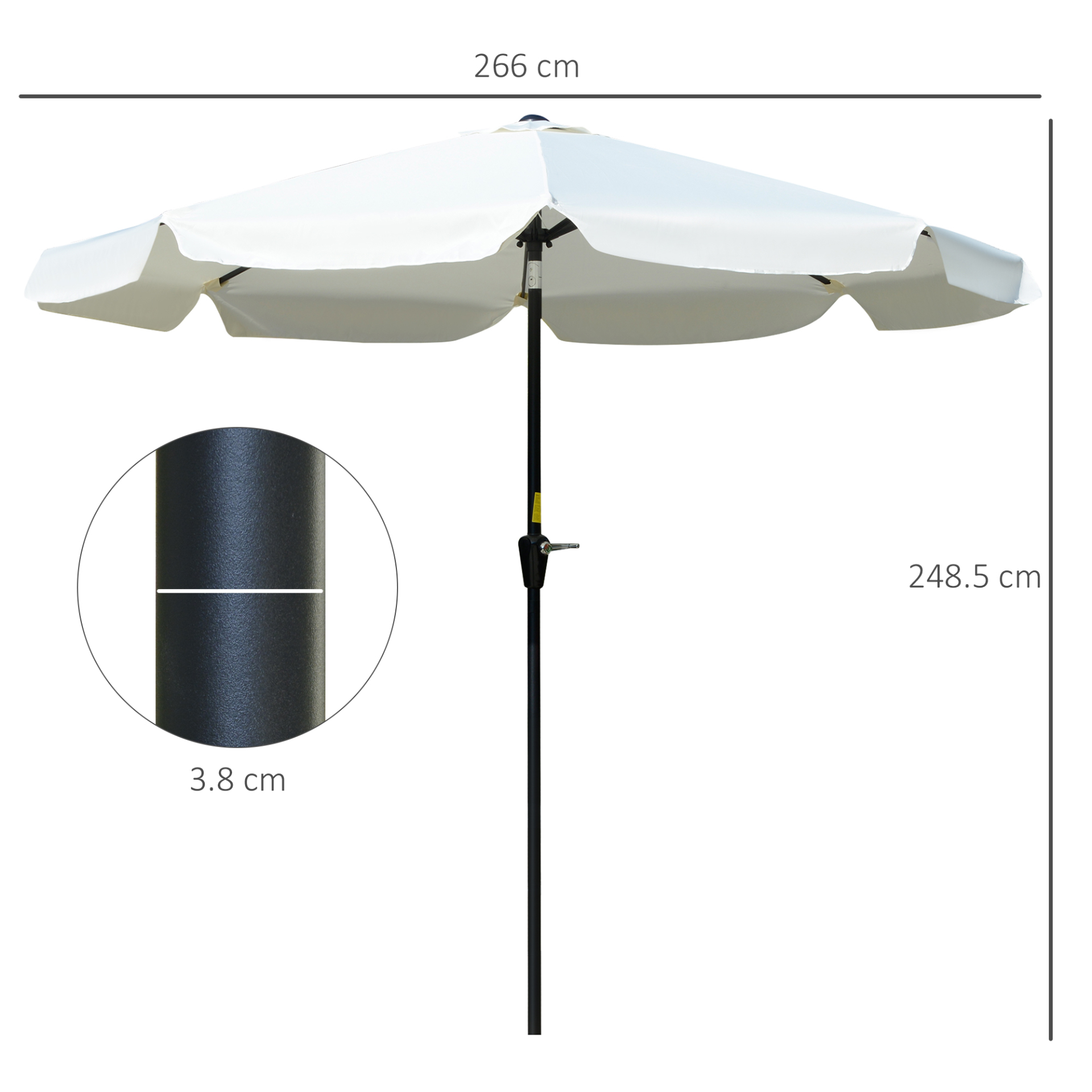 Outsunny 2.7m Patio Parasol Garden Umbrellas Outdoor Sun Shade Table Umbrella with Tilt, Crank, 8 Ribs, Ruffles, White