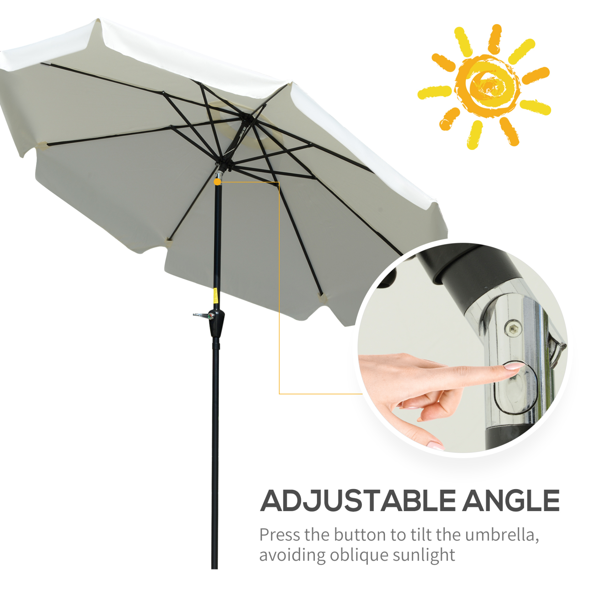 Outsunny 2.7m Patio Parasol Garden Umbrellas Outdoor Sun Shade Table Umbrella with Tilt, Crank, 8 Ribs, Ruffles, White