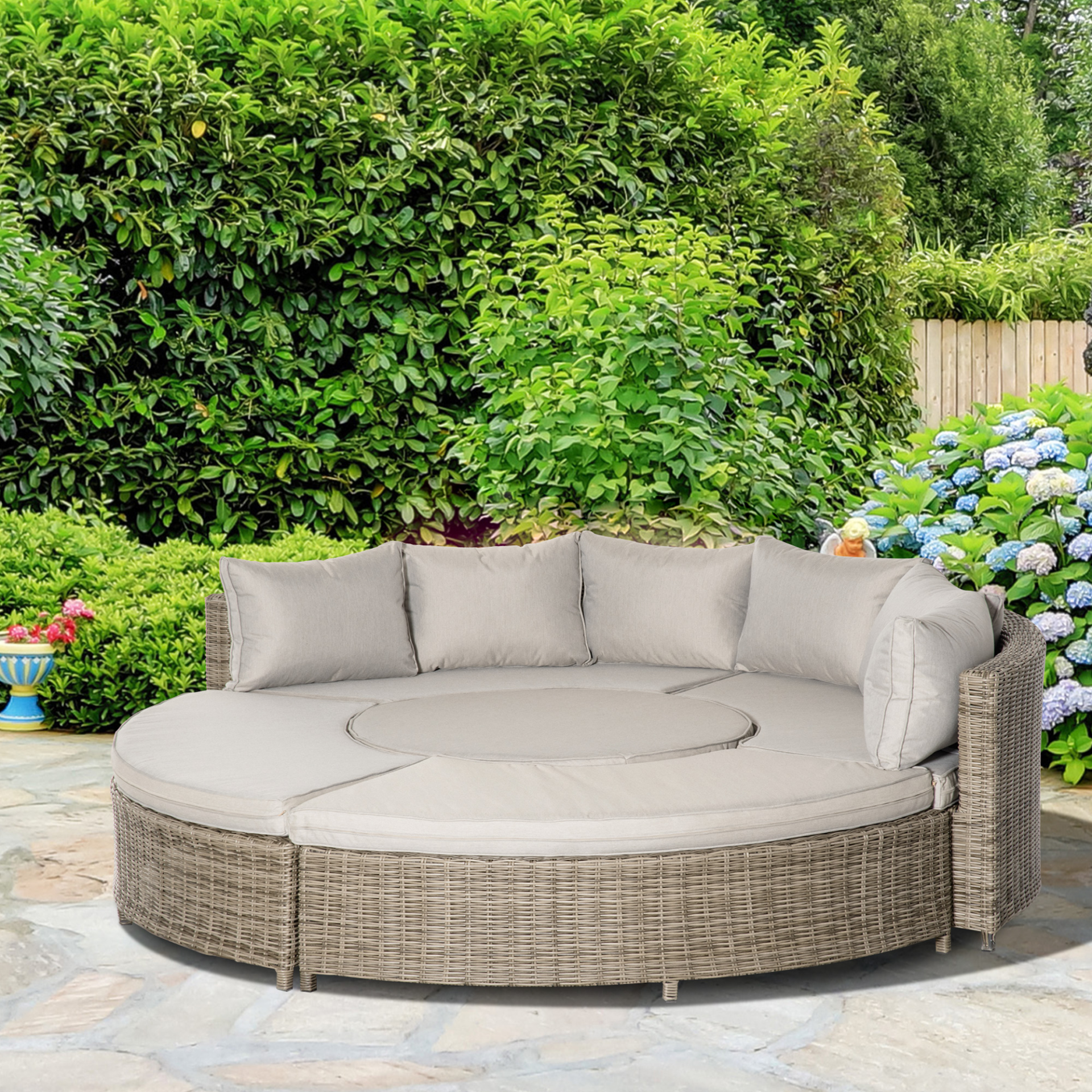 Outsunny 5 Pieces Outdoor PE Rattan Patio Furniture Set Lounge Chair Round Daybed Liftable Coffee Table Conversation Set with Olefin Cushion & Protect Cover