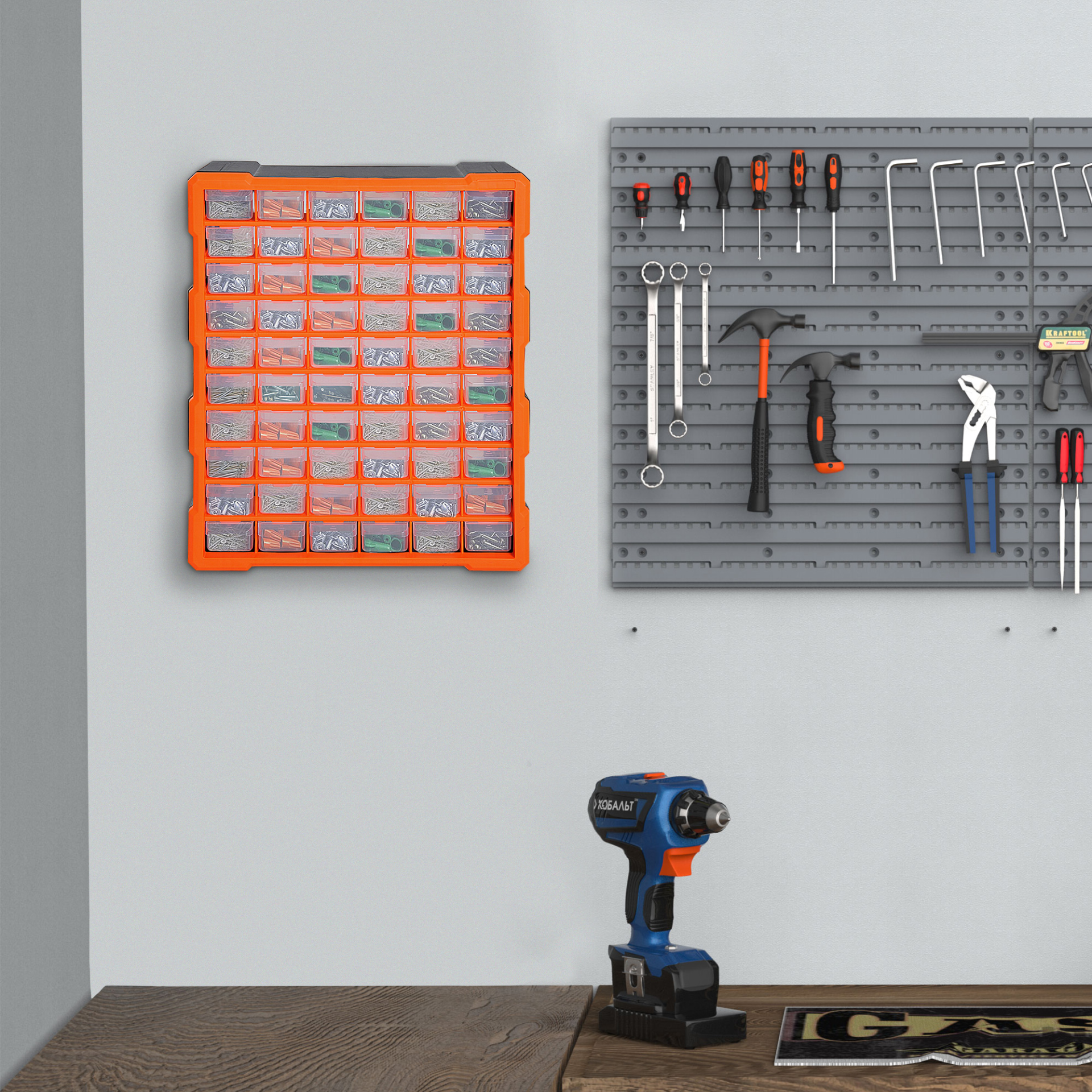 DURHAND 60 Drawers Parts Organiser Wall Mount Storage Cabinet Garage Small Nuts Bolts Tools Clear Orange