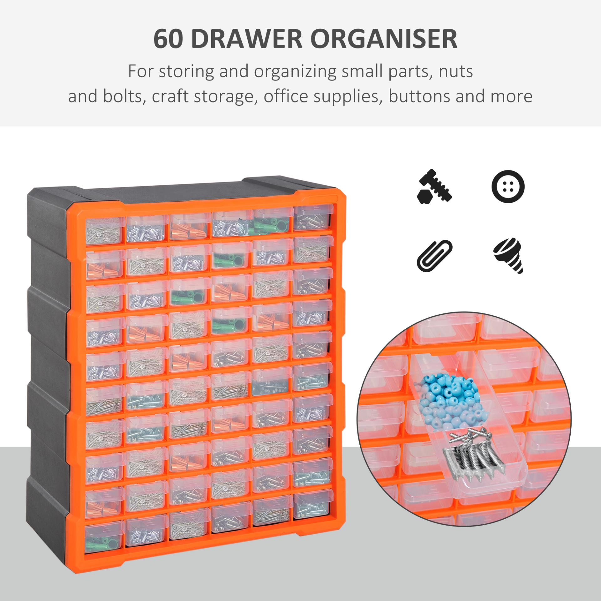 DURHAND 60 Drawers Parts Organiser Wall Mount Storage Cabinet Garage Small Nuts Bolts Tools Clear Orange