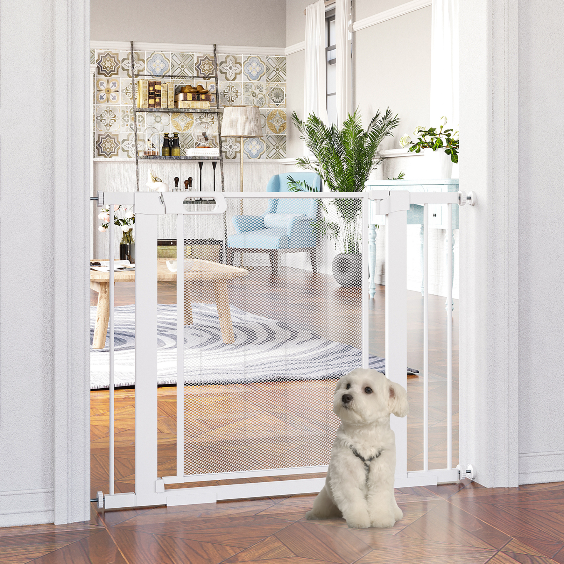 PawHut Pressure Fit Safety Gate for Doorways and Staircases, Dog Gate w/ Auto Closing Door, Pet Barrier for Hallways w/ Double Locking, Openings 75-103CM - White