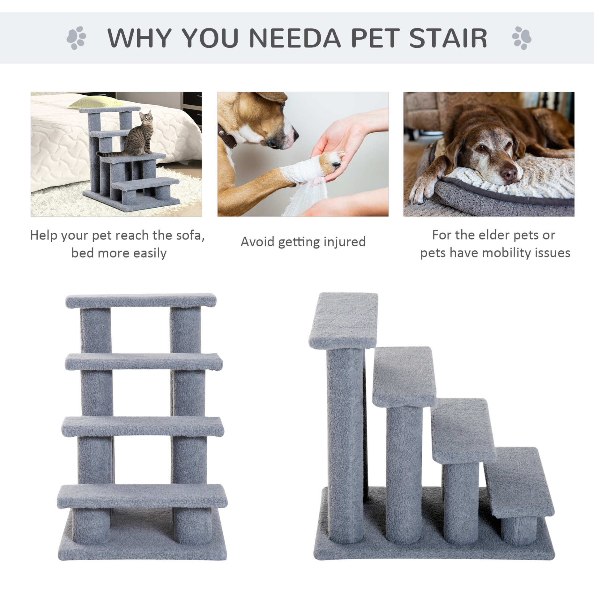 PawHut Dog Steps for Bed 4 Step Pet Stairs for Sofa Dog Cat Climb Ladder 63x43x60 cm Grey