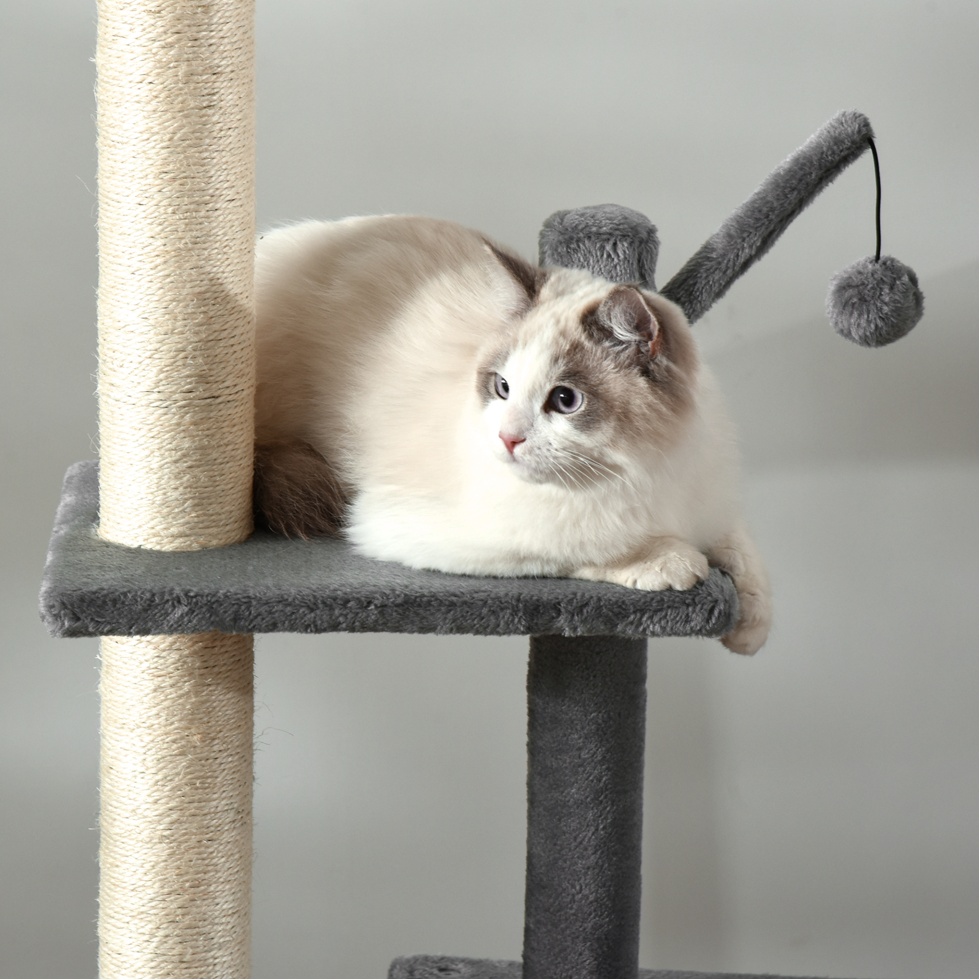 PawHut 270cm Floor To Ceiling Cat Tree Cat House Scratching Post for Indoor Cats Hammock Hanging Ball Activity Center Grey