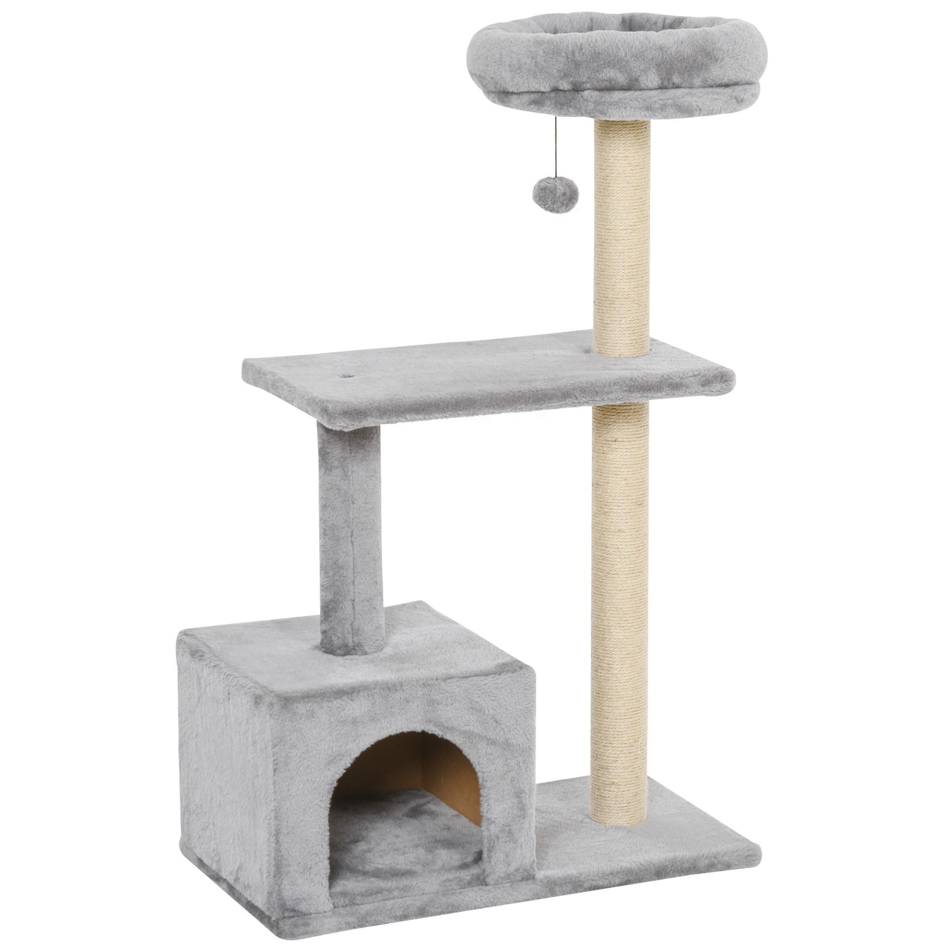 PawHut 96cm Cat Tree for Indoor Cats Condo Sisal Scratching Post Cat Tower Kitten Play House Dangling Ball Activity Center Furniture Grey