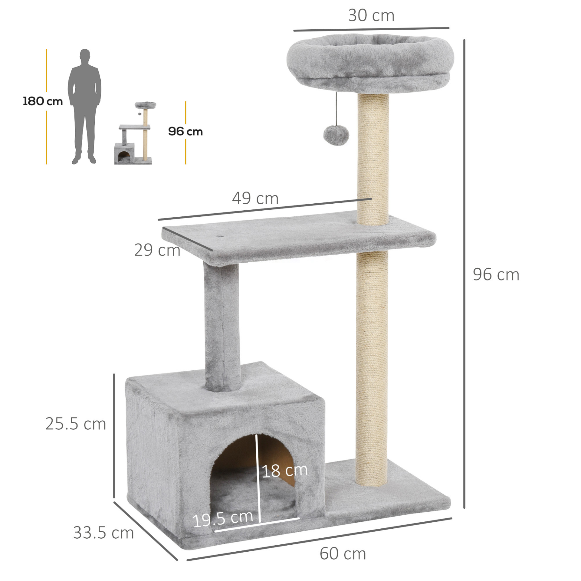 PawHut 96cm Cat Tree for Indoor Cats Condo Sisal Scratching Post Cat Tower Kitten Play House Dangling Ball Activity Center Furniture Grey