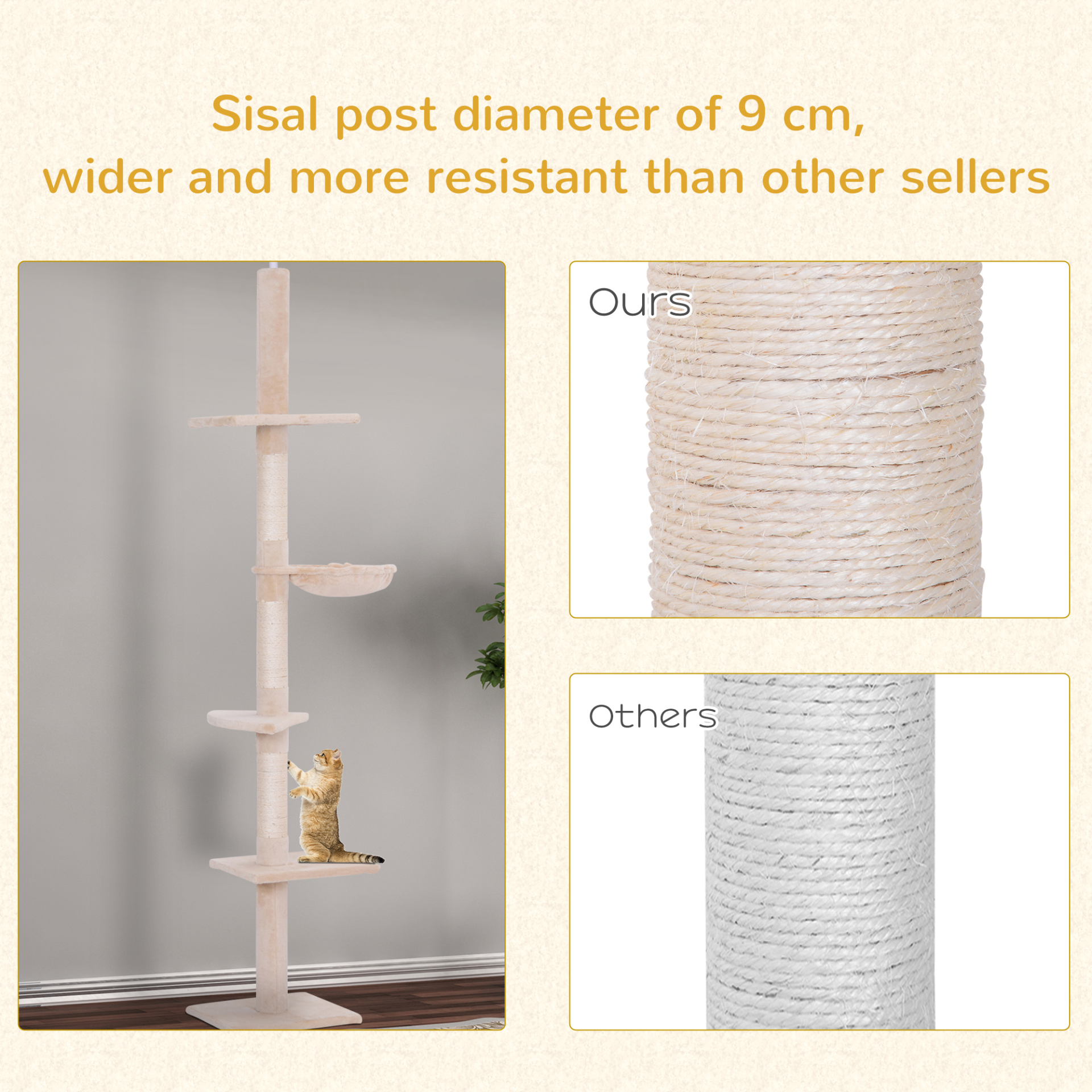 PawHut Floor to Ceiling Cat Tree for Indoor Cats 5-Tier Kitty Tower Climbing Activity Center Scratching Post Adjustable Height 230-260cm Beige