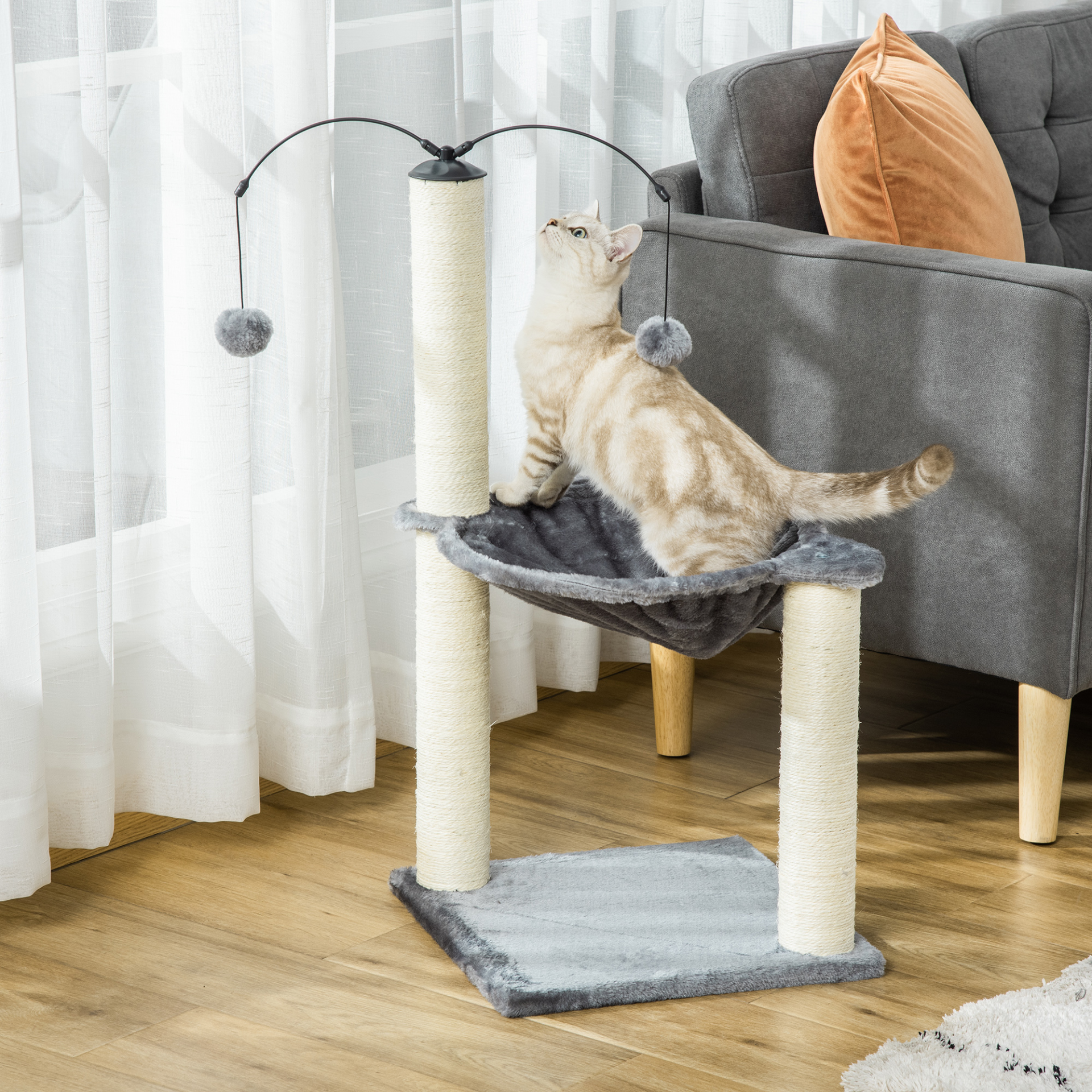 PawHut 83cm Cat Tree Tower for Indoor Cats w/ Sisal Scratching Post Hammock Hanging Toy Activity Centre - Grey