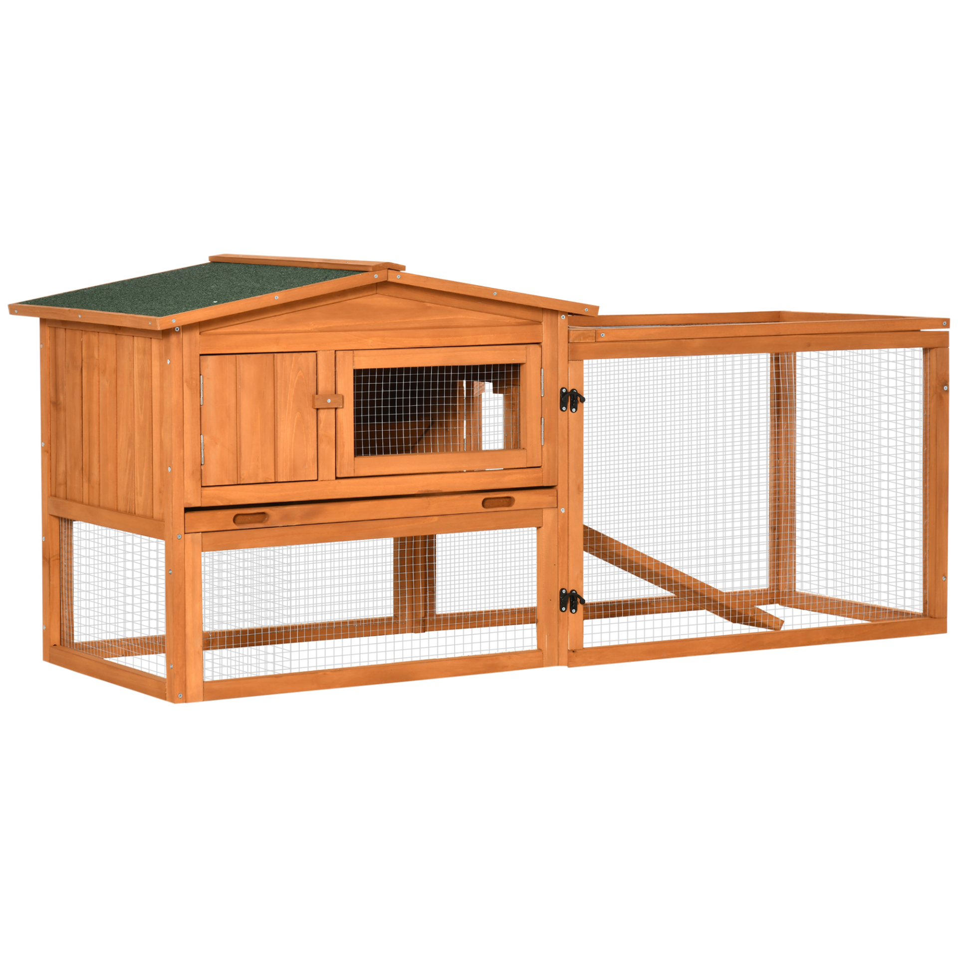 PawHut Rabbit Hutch and Run Outdoor Bunny Cage Wooden Guinea Pig Hide House with Sliding Tray, Hay Rack, Ramp, 156 x 58 x 68cm