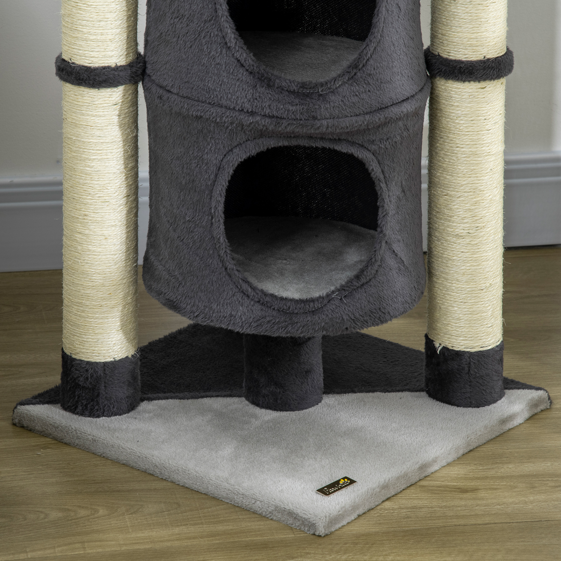 PawHut 114cm Cat Tree for Indoor Cats Kitten Play Tower w/ Jute Scratching Posts, Toy Ball, Cat House - Dark Grey