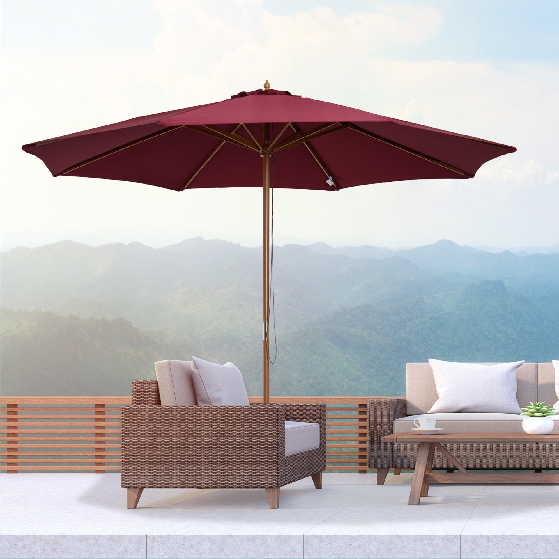 Outsunny 3(m) Fir Wooden Parasol Garden Umbrellas 8 Ribs Bamboo Sun Shade Patio Outdoor Umbrella Canopy, Wine Red