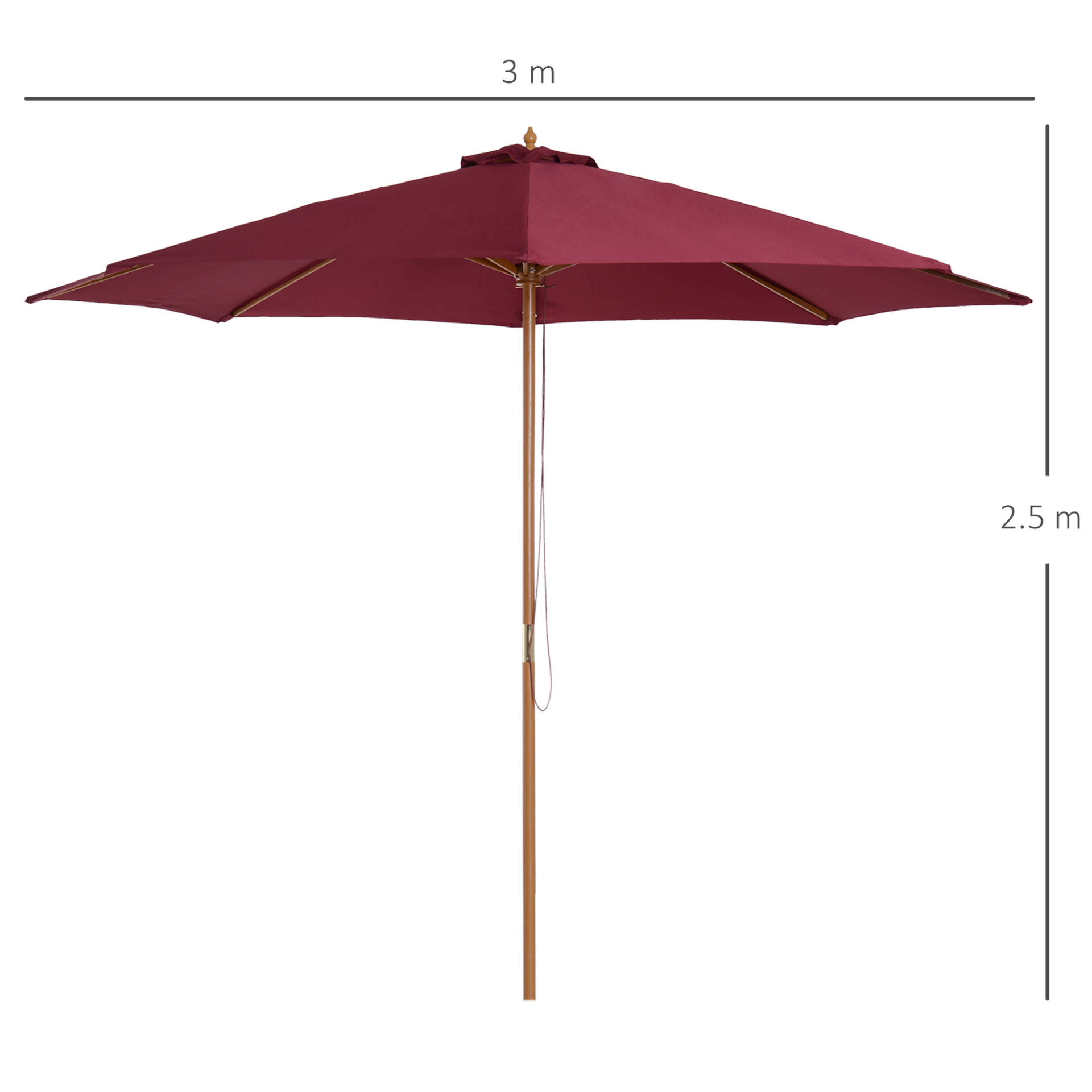 Outsunny 3(m) Fir Wooden Parasol Garden Umbrellas 8 Ribs Bamboo Sun Shade Patio Outdoor Umbrella Canopy, Wine Red