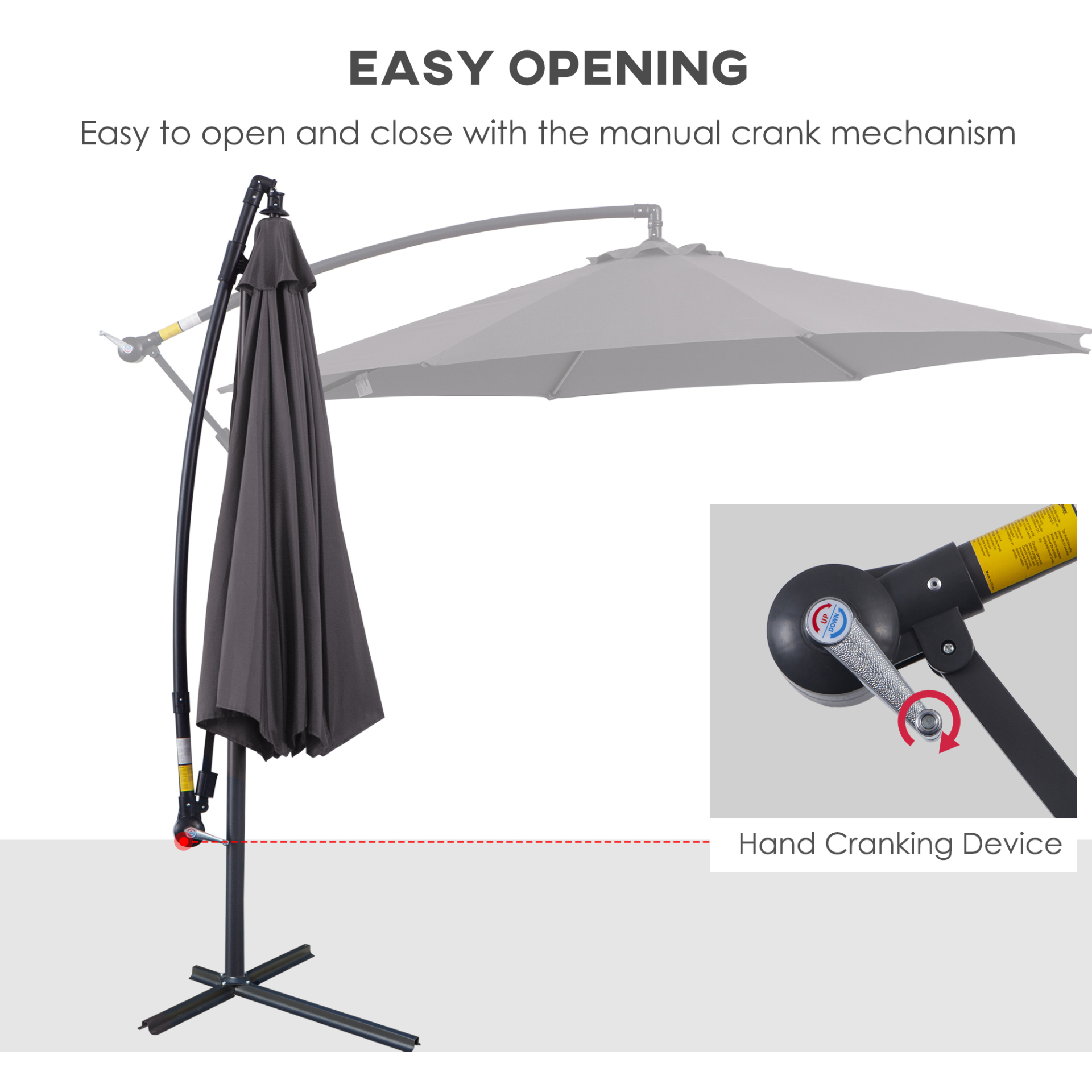 Outsunny 3(m) Garden Banana Parasol Hanging Cantilever Umbrella with Crank Handle, 8 Ribs and Cross Base for Outdoor, Sun Shade, Grey