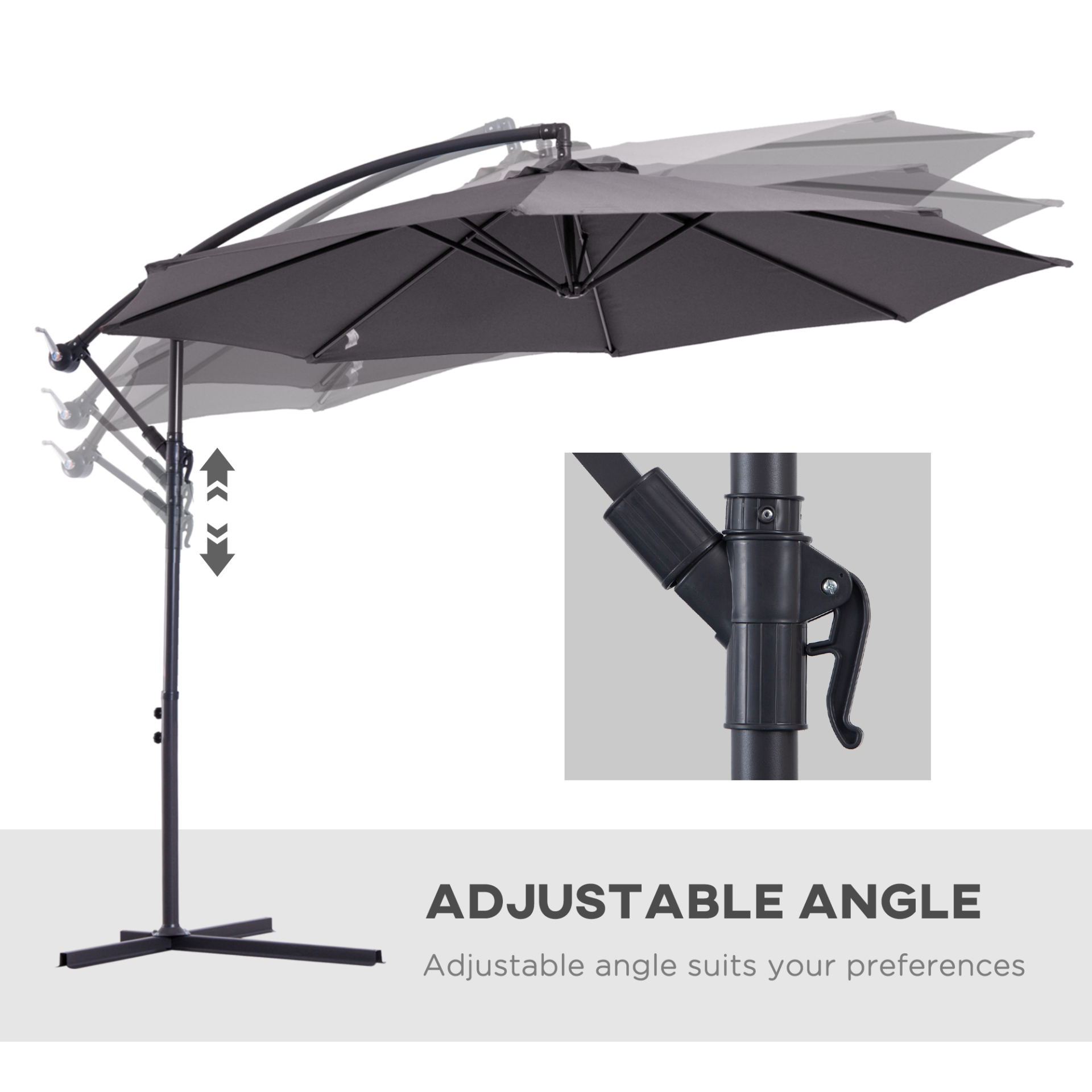 Outsunny 3(m) Garden Banana Parasol Hanging Cantilever Umbrella with Crank Handle, 8 Ribs and Cross Base for Outdoor, Sun Shade, Grey