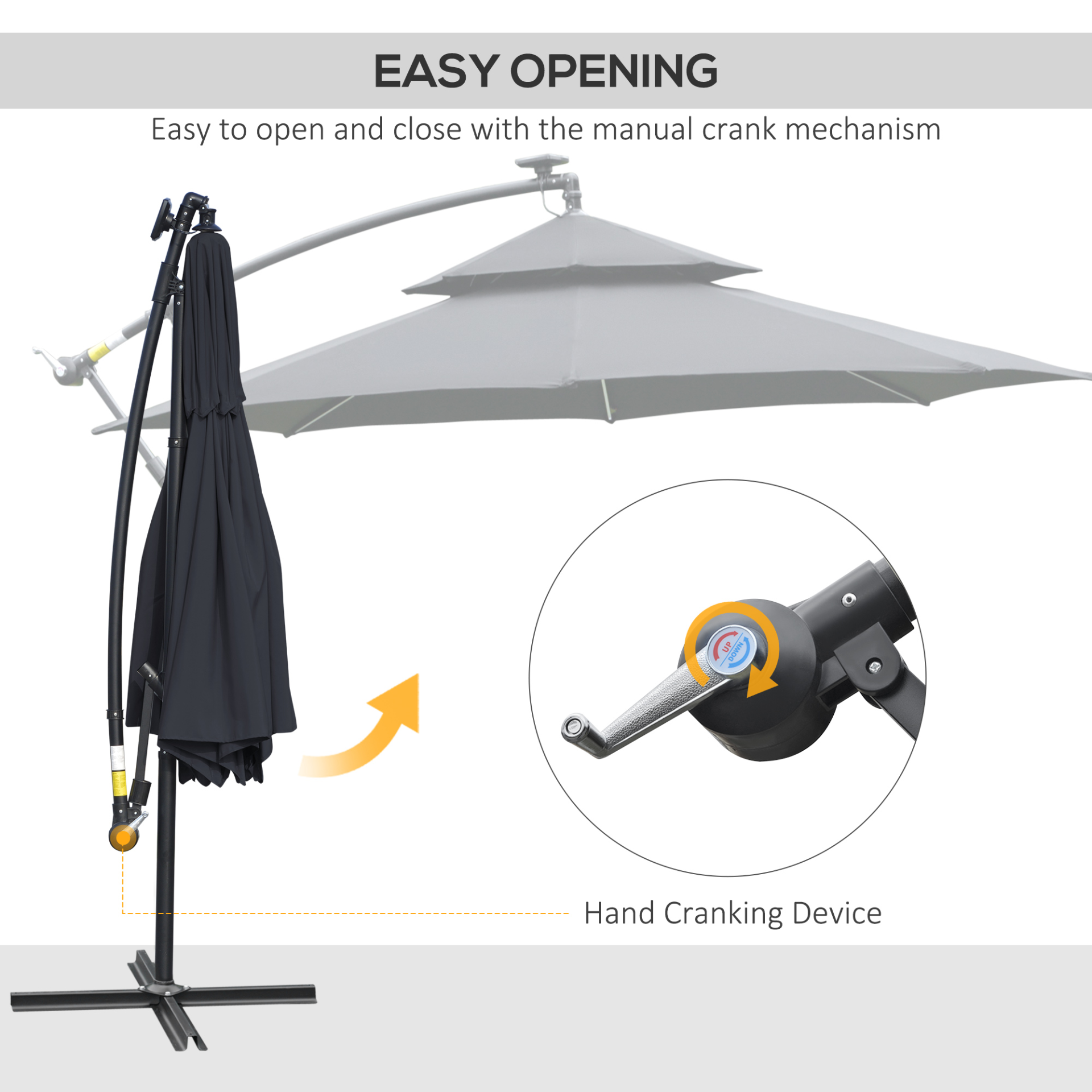Outsunny 3(m) Cantilever Banana Parasol Hanging Umbrella with Double Roof, LED Solar lights, Crank, 8 Sturdy Ribs and Cross Base for Outdoor, Garden, Patio, Black