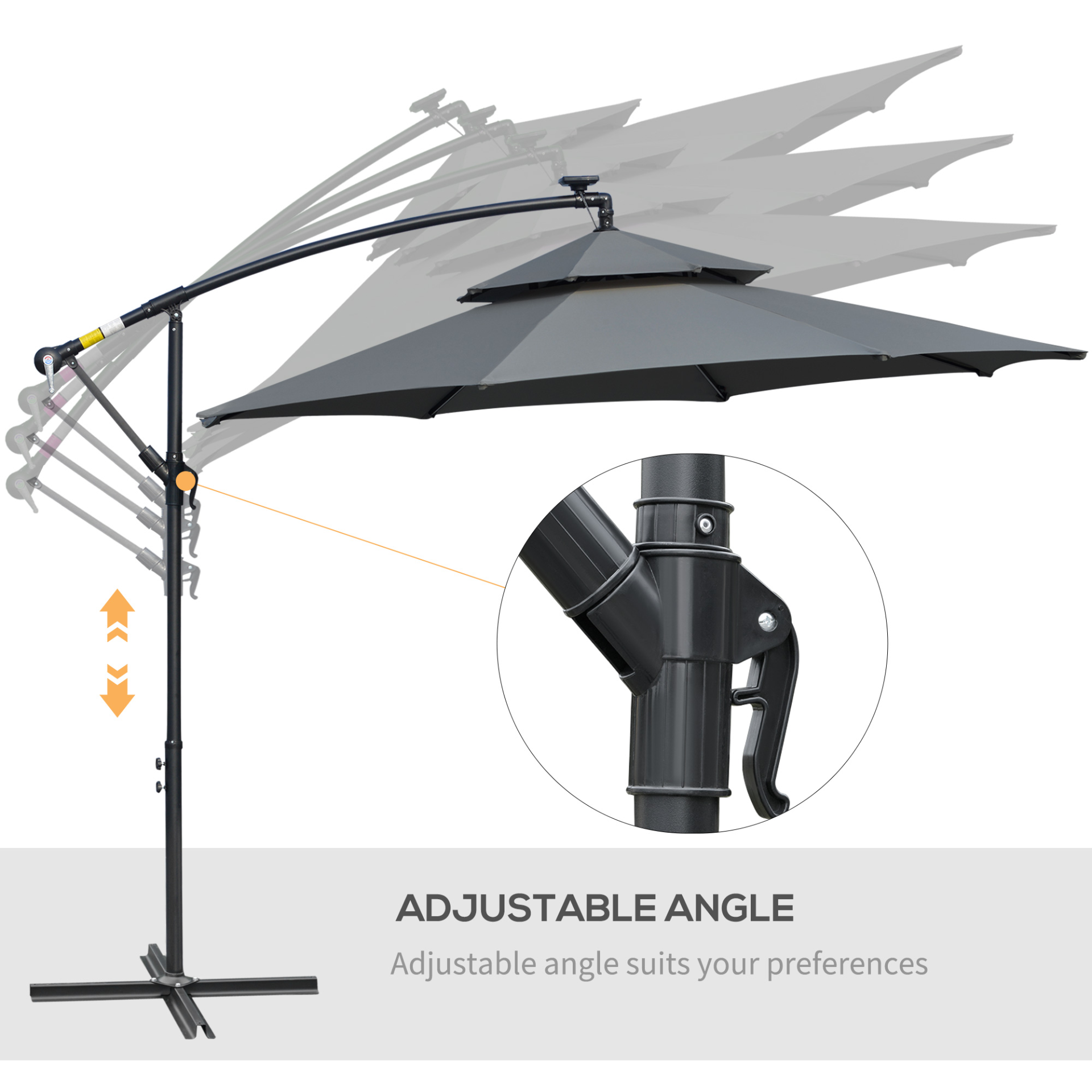Outsunny 3(m) Cantilever Banana Parasol Hanging Umbrella with Double Roof, LED Solar lights, Crank, 8 Sturdy Ribs and Cross Base for Outdoor, Garden, Patio, Black