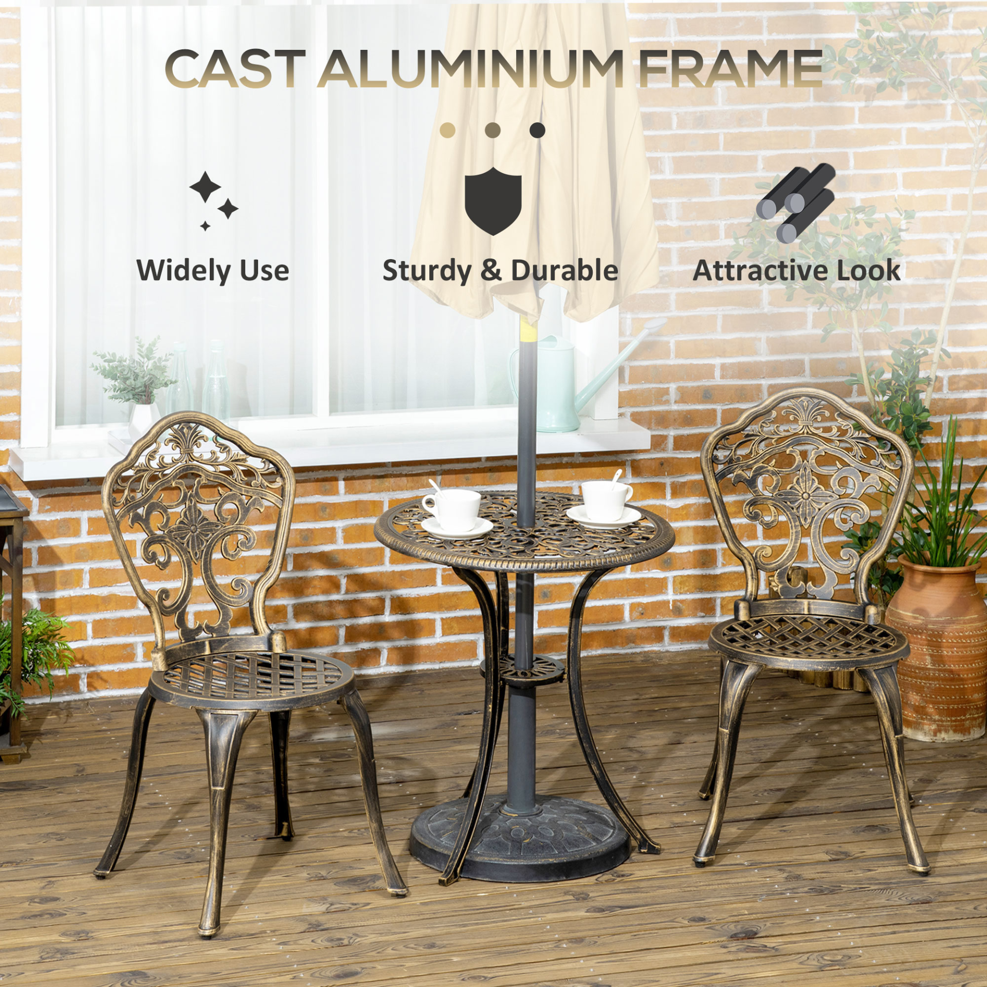 Outsunny 3 Piece Cast Aluminium Garden Bistro Set for 3 with Parasol Hole, Outdoor Coffee Table Set, Two Armless Chairs and Round Coffee Table for Balcony, Patio, Bronze