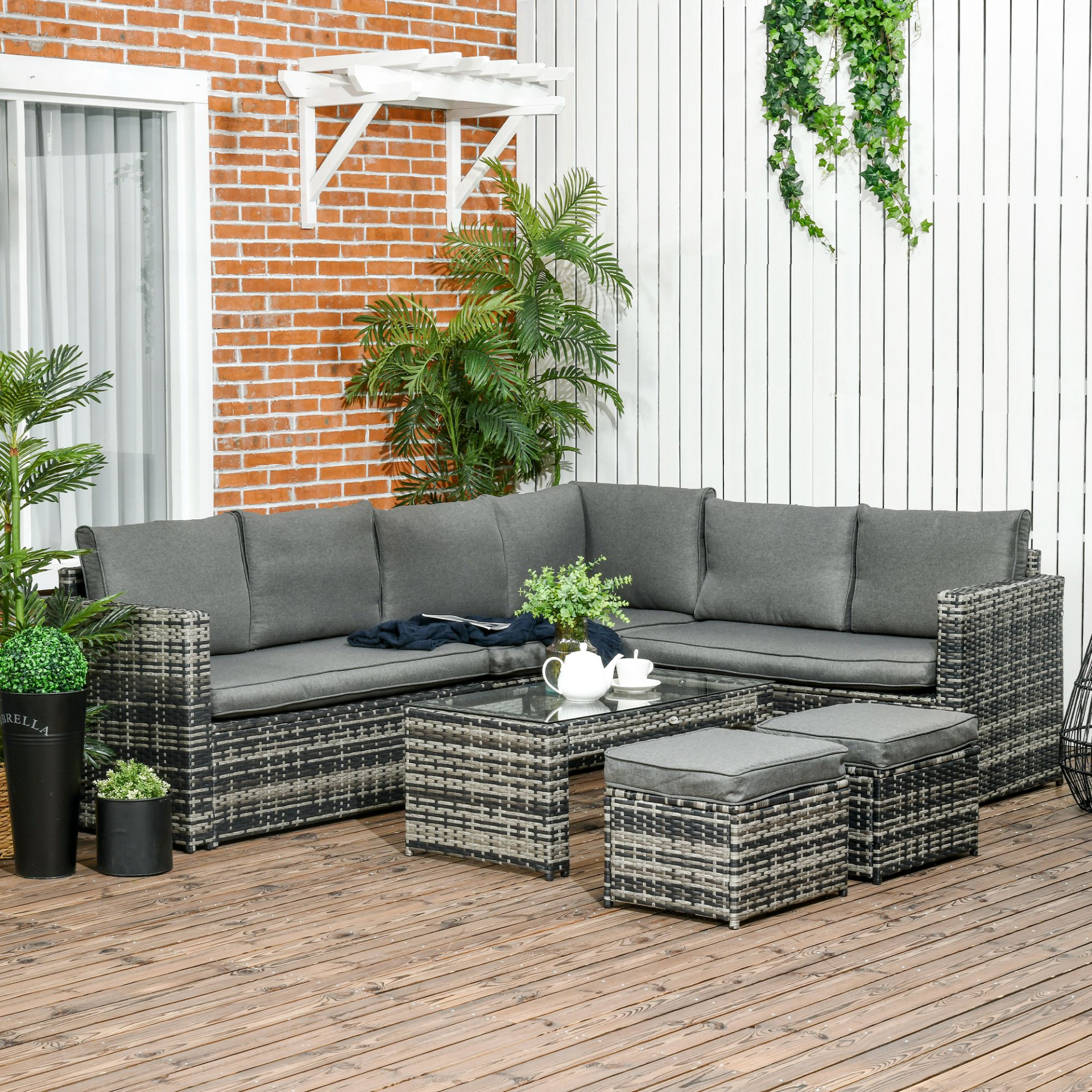 Outsunny 6 Piece Rattan Garden Furniture Set, 8-Seater Outdoor Sofa Sectional with 3 Loveseat Wicker Sofa with Cushions, 2 Footstools and Glass Table for Yard, Poolside, Grey