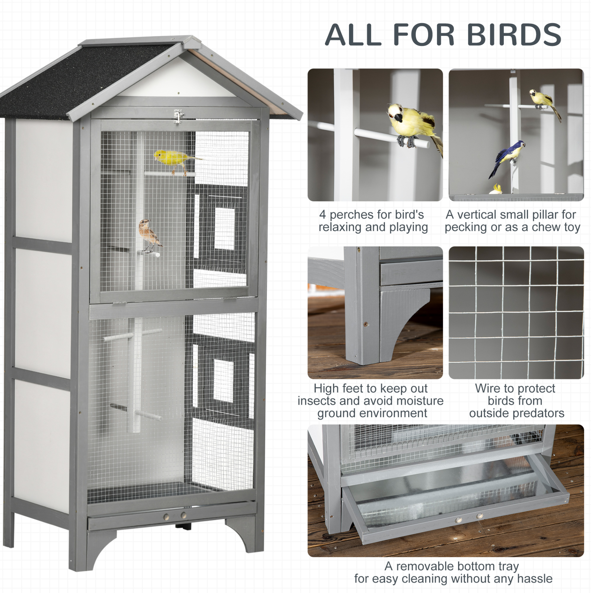 PawHut Wooden Bird Aviary Outdoor Bird Cage for Finch, Canary w/ Removable Tray, Asphalt Roof - Grey