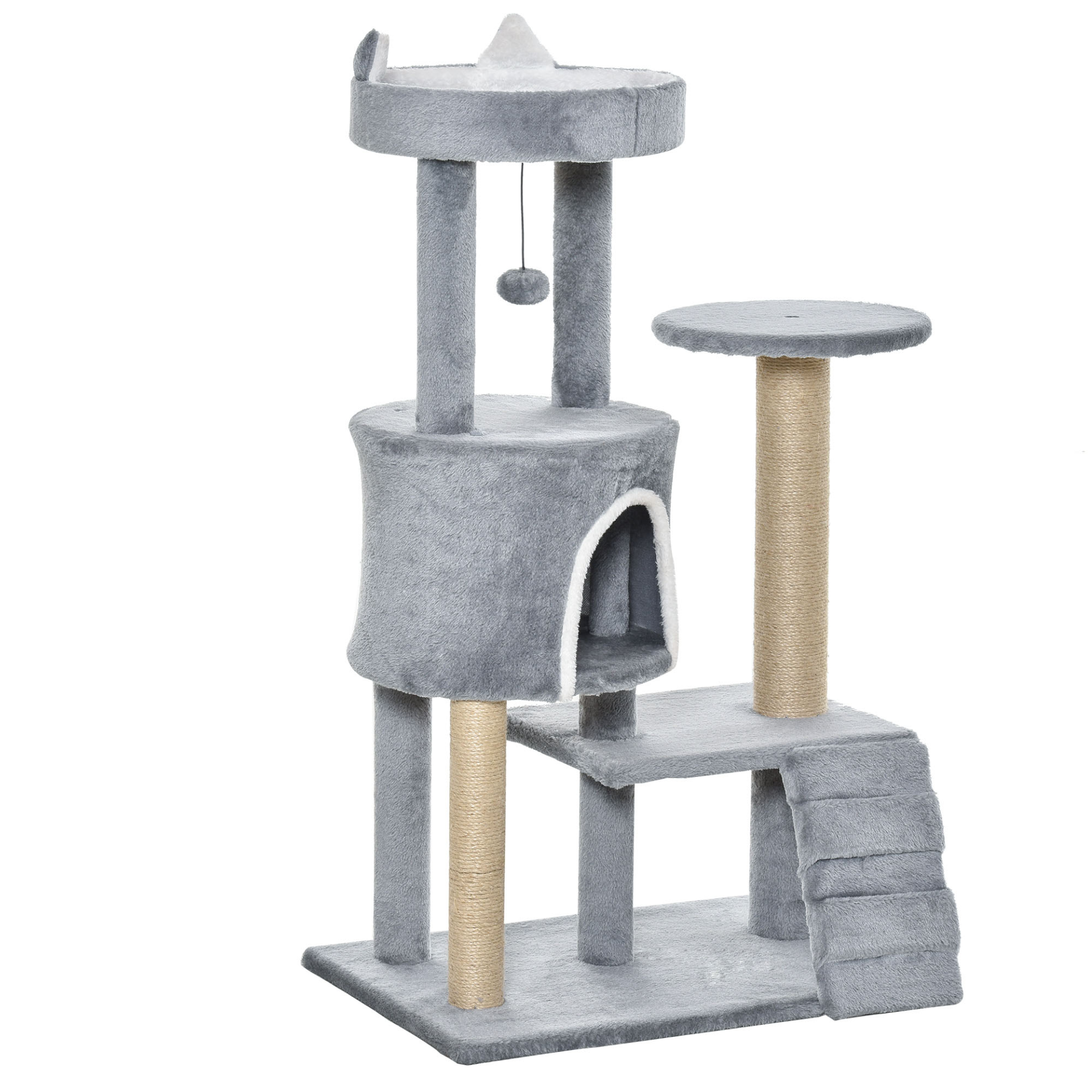 PawHut 100cm Cat Tree Tower for Indoor Cats Condo Multi Platform Kitty Cat Center with Climbing Ladder Scratching Post Hanging Toy Ball, Light Grey
