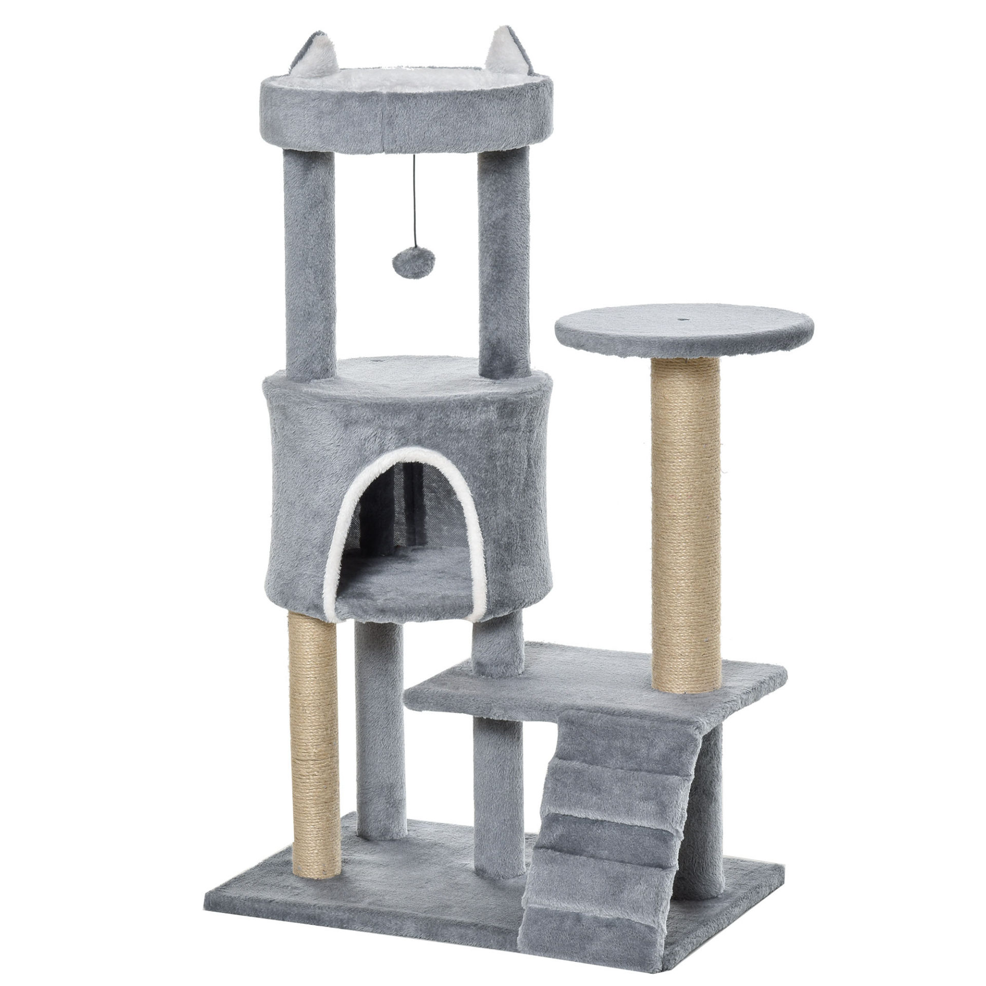 PawHut 100cm Cat Tree Tower for Indoor Cats Condo Multi Platform Kitty Cat Center with Climbing Ladder Scratching Post Hanging Toy Ball, Light Grey