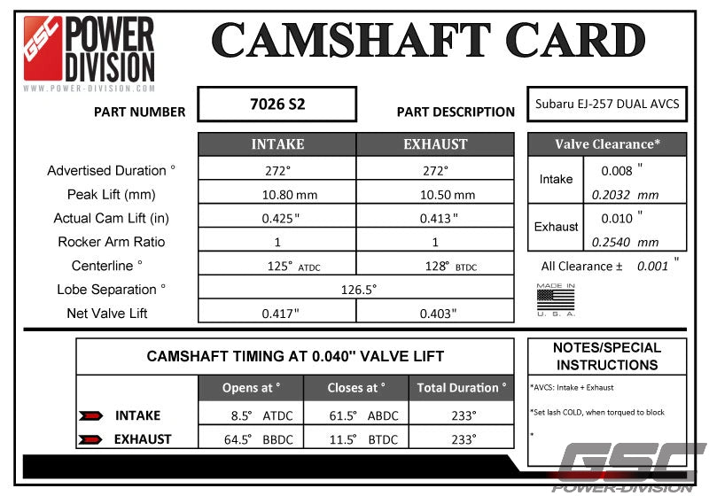 GSC Billet S2 Camshaft set for Subaru EJ257 Dual AVCS