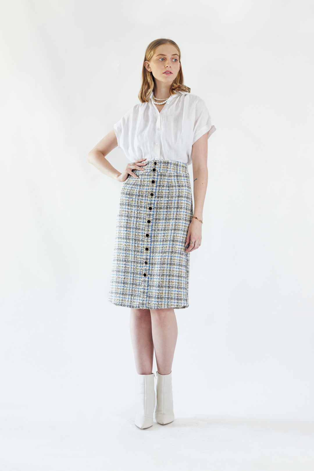 Luxe Plaid Tweed Pencil Skirt