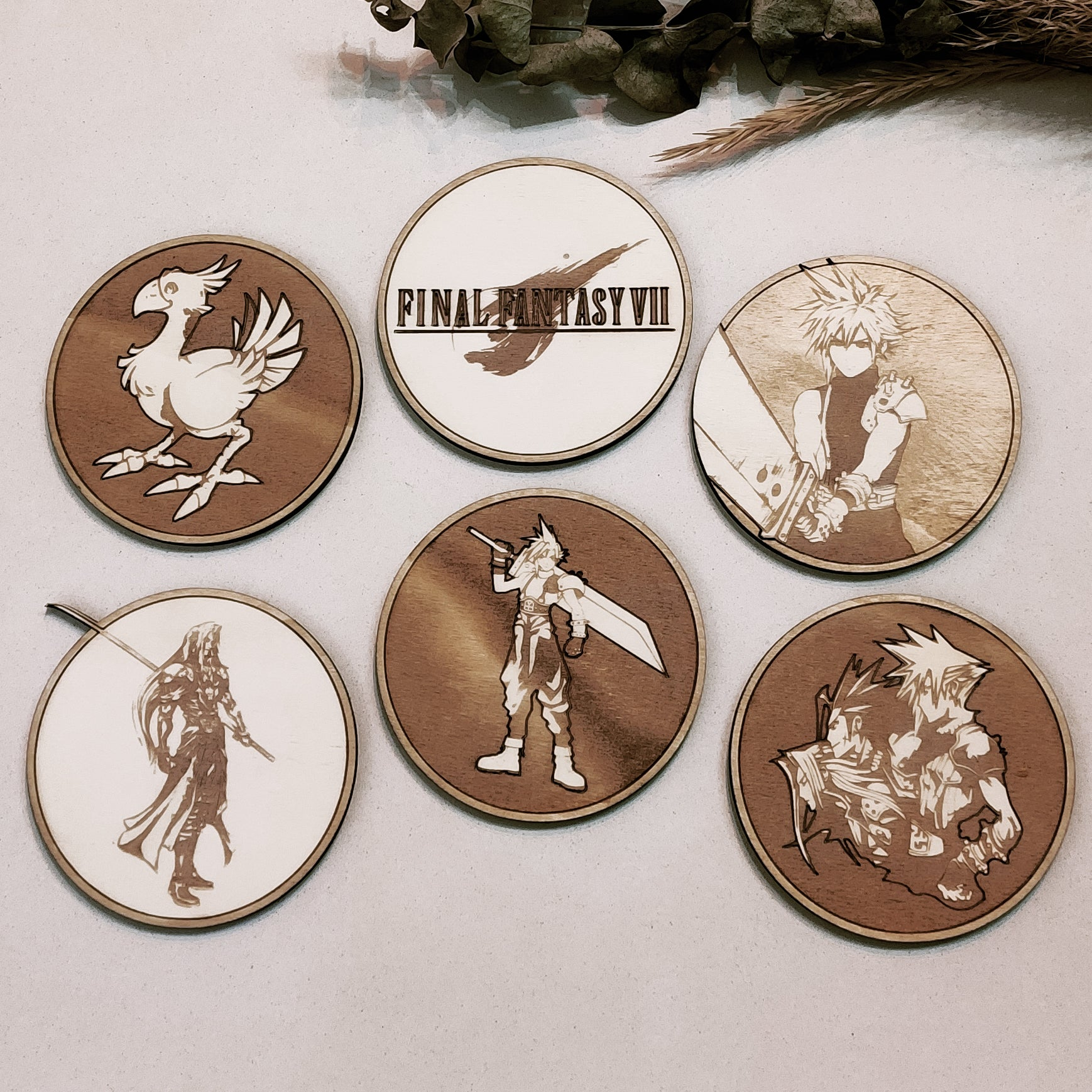 Set of 6 Final Fantasy VII Wooden Coasters - Handmade Gift - Housewarming - Wood Kitchenware