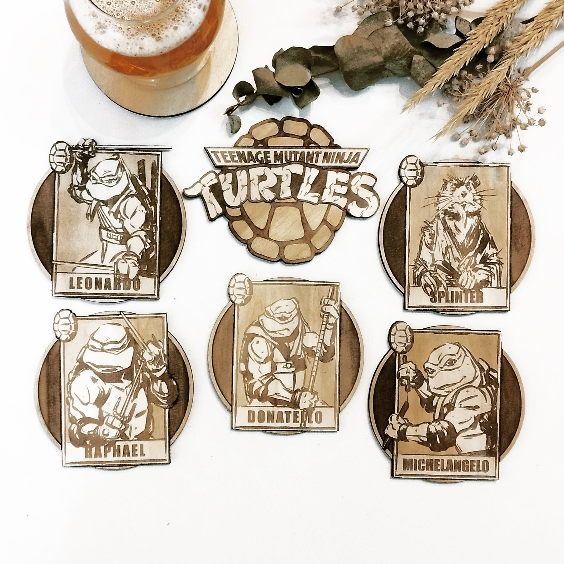 Set of 6 Teenage Mutant Ninja Turtles Wooden Coasters - Handmade Gift - Housewarming - Wood Kitchenware