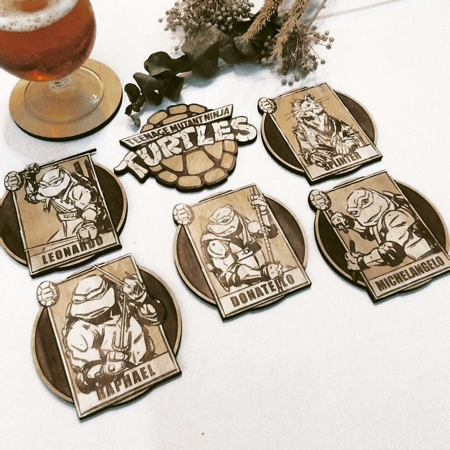Set of 6 Teenage Mutant Ninja Turtles Wooden Coasters - Handmade Gift - Housewarming - Wood Kitchenware