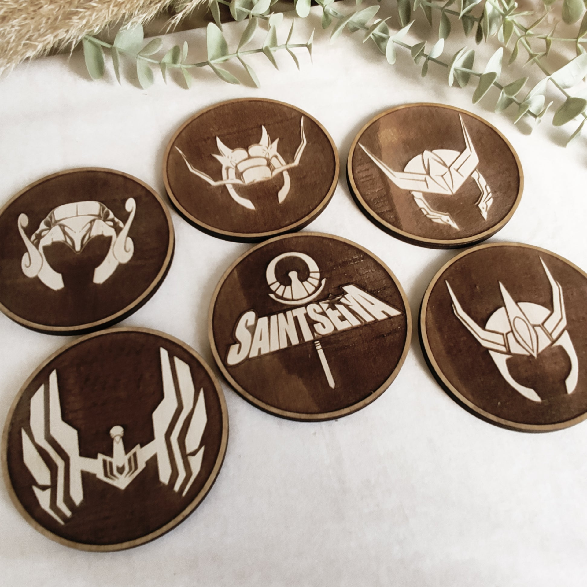 Set of 6 Saint Seiya Wooden Coasters - Handmade Gift - Housewarming - Wood Kitchenware
