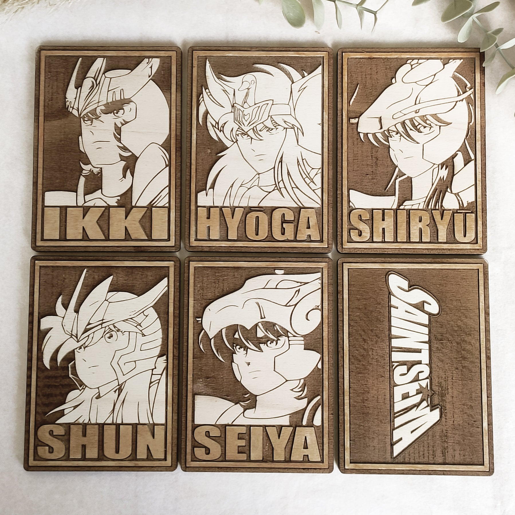 Set of 6 Saint Seiya Cards Wooden Coasters - Handmade Gift - Housewarming - Wood Kitchenware