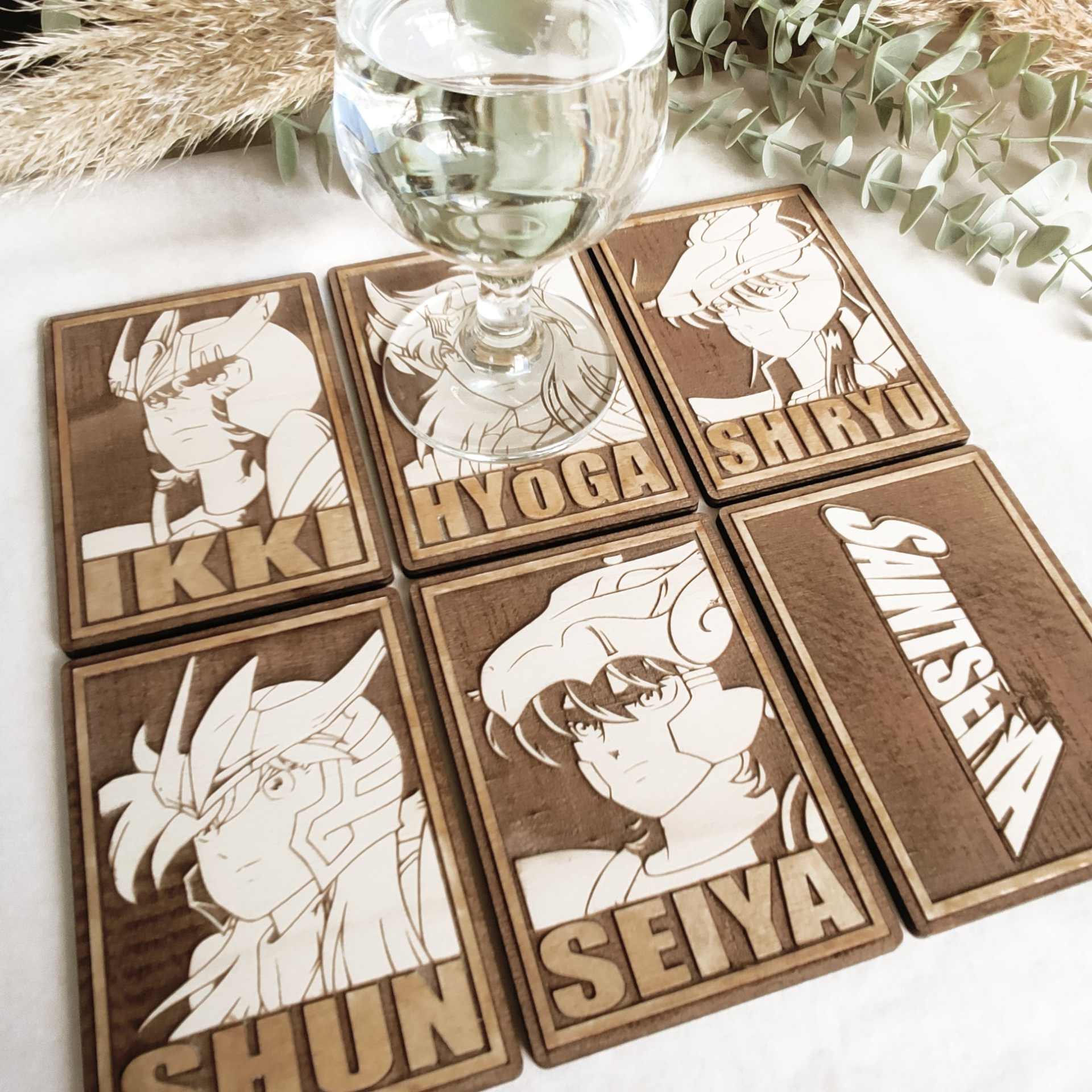 Set of 6 Saint Seiya Cards Wooden Coasters - Handmade Gift - Housewarming - Wood Kitchenware