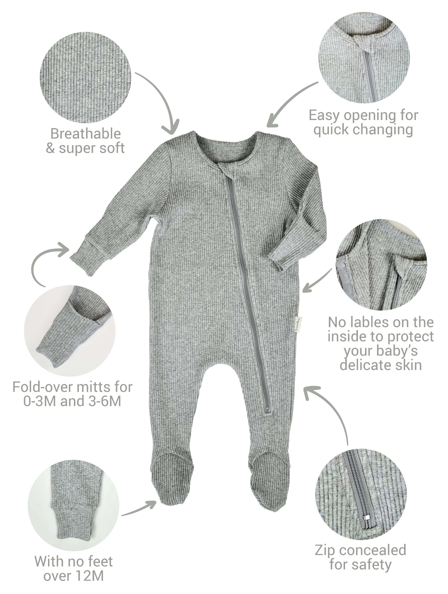 White Zip Sleepsuit Ribbed Romper Babygrow 0-3Y Unisex