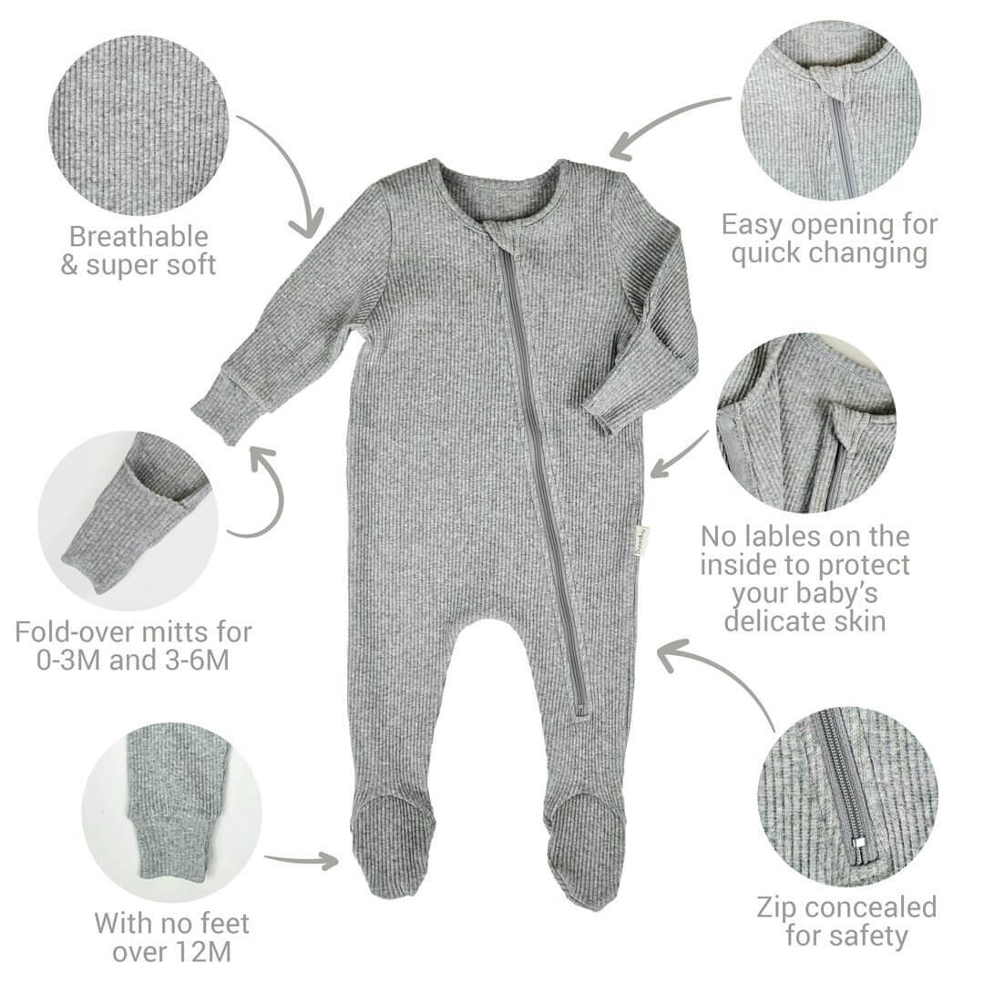 Dove Grey Zip up Sleepsuit Ribbed Romper Babygrow 0-3Y Unisex