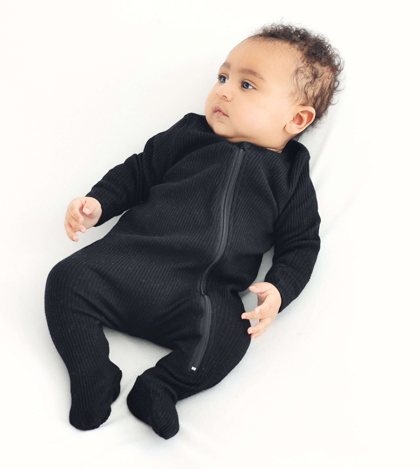 Black Zip Sleepsuit Ribbed Romper Babygrow 0-3Y
