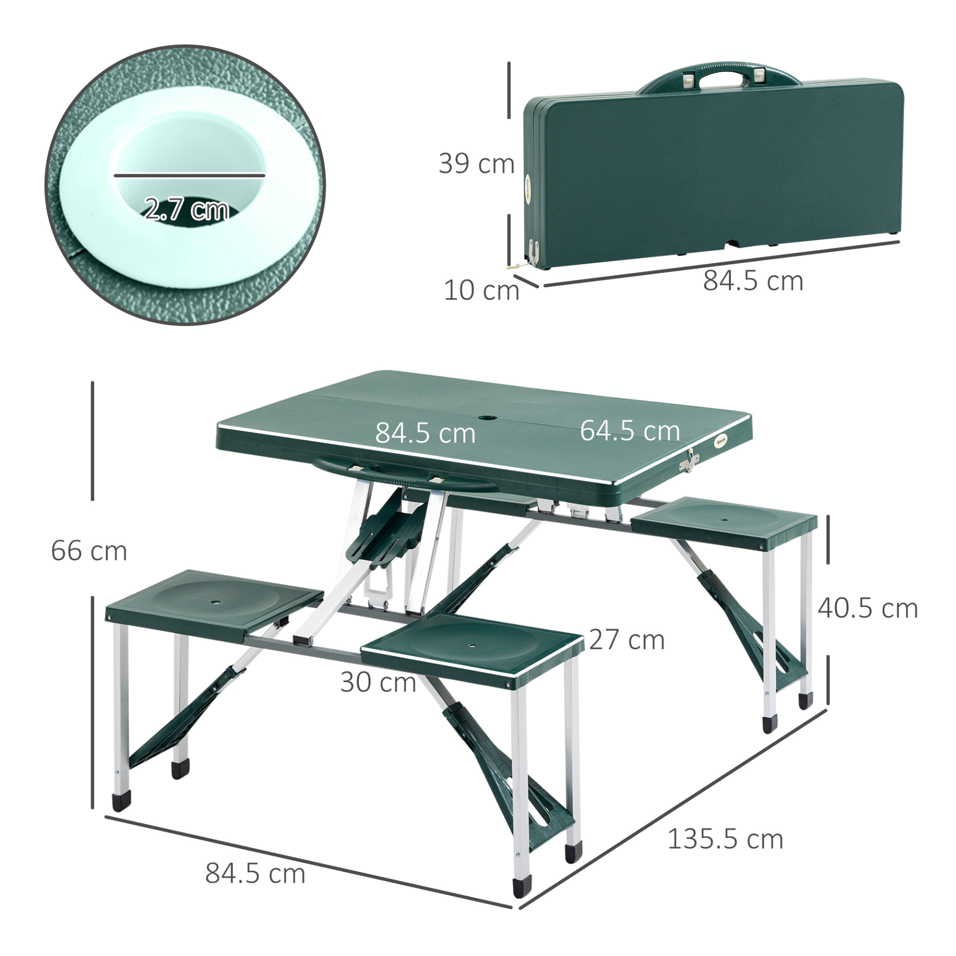 Outsunny Aluminum Picnic Table and Bench Set Camping Garden Party BBQ 4 Chair Stool Table Foldable and Portable - Green