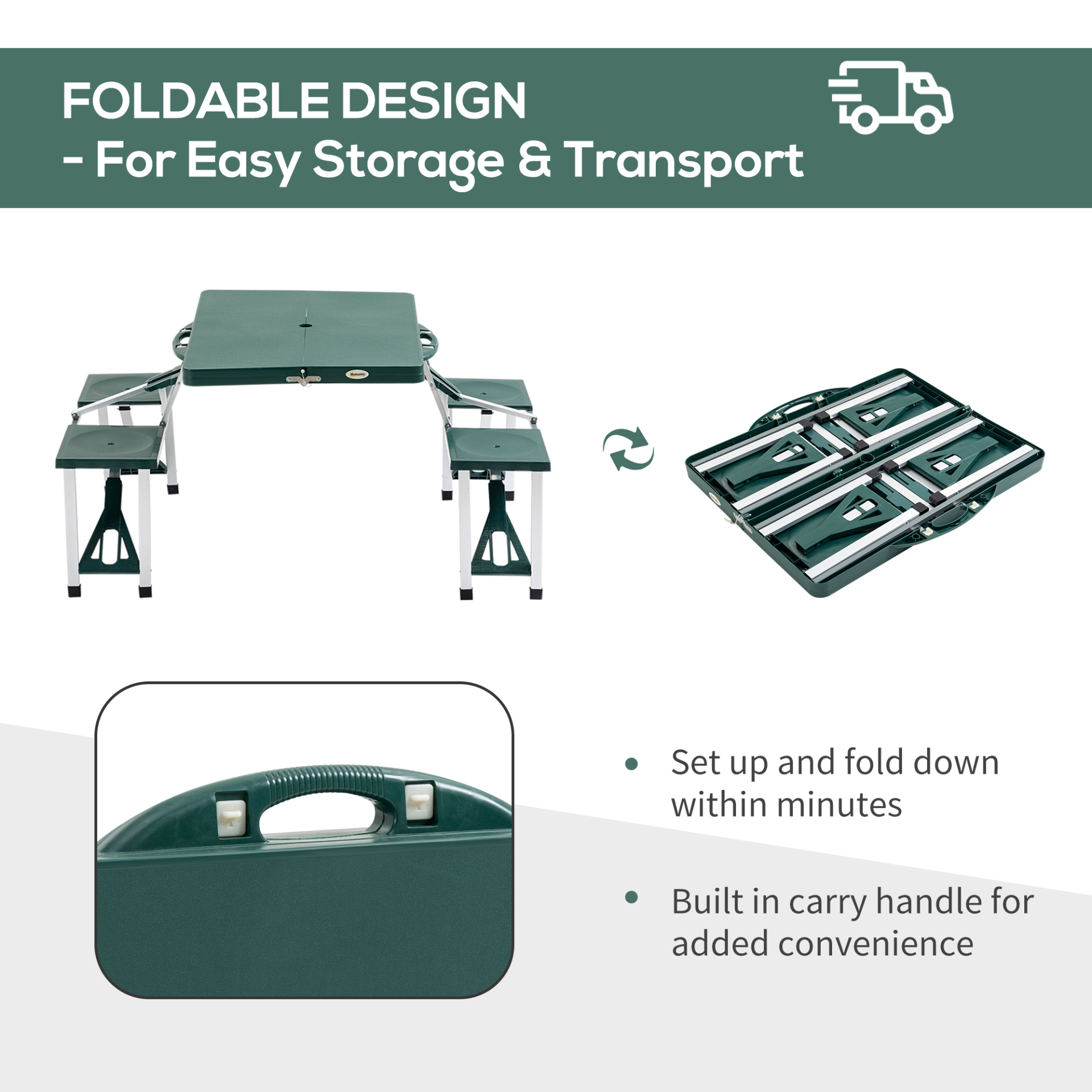 Outsunny Aluminum Picnic Table and Bench Set Camping Garden Party BBQ 4 Chair Stool Table Foldable and Portable - Green