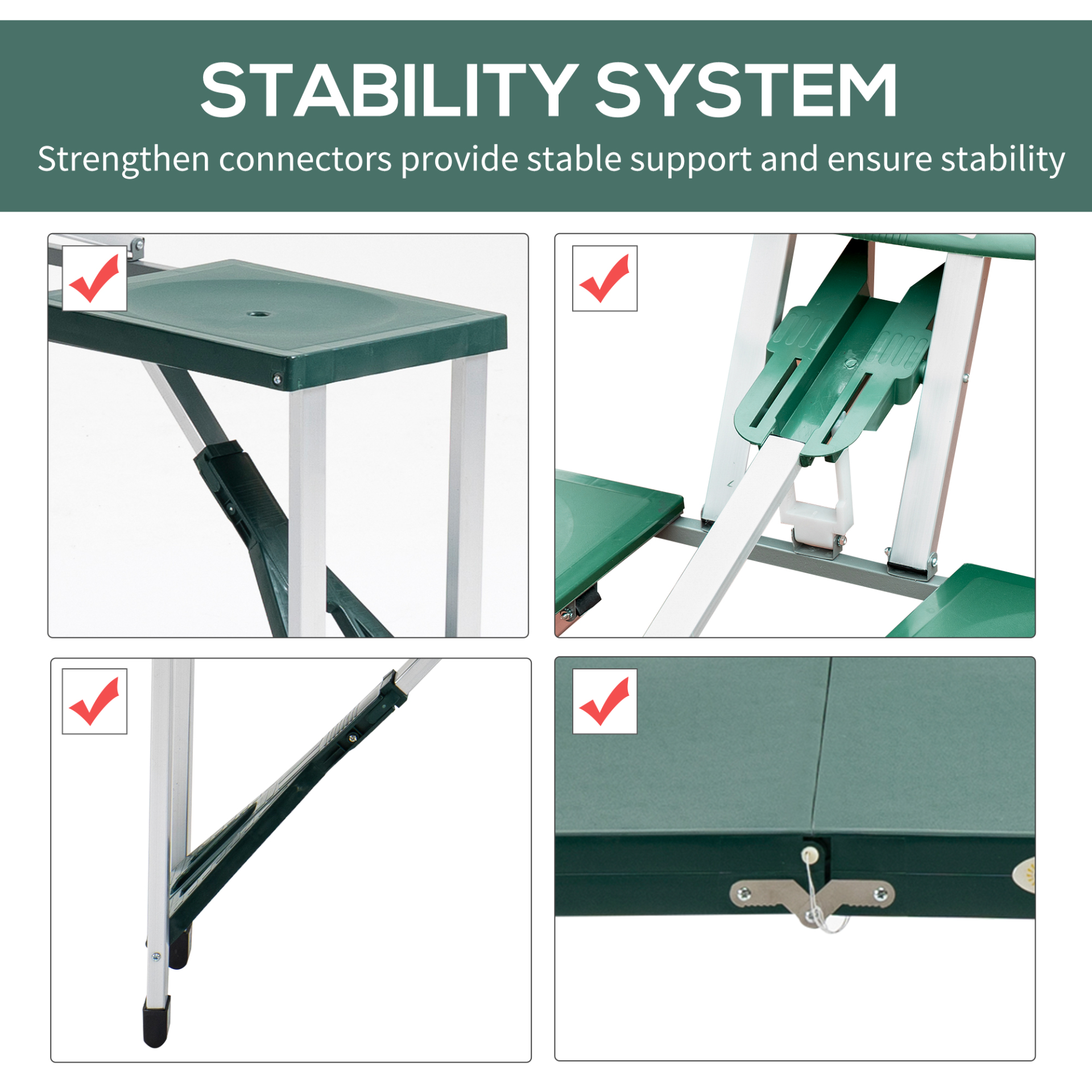 Outsunny Aluminum Picnic Table and Bench Set Camping Garden Party BBQ 4 Chair Stool Table Foldable and Portable - Green