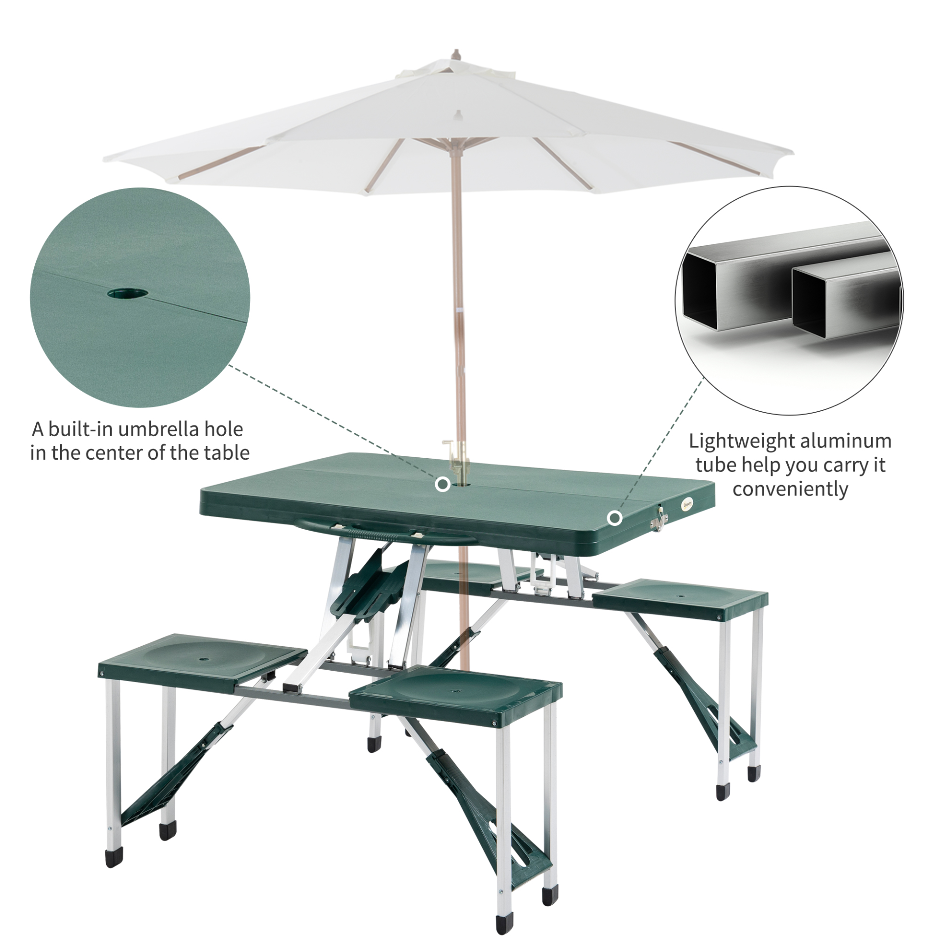 Outsunny Aluminum Picnic Table and Bench Set Camping Garden Party BBQ 4 Chair Stool Table Foldable and Portable - Green