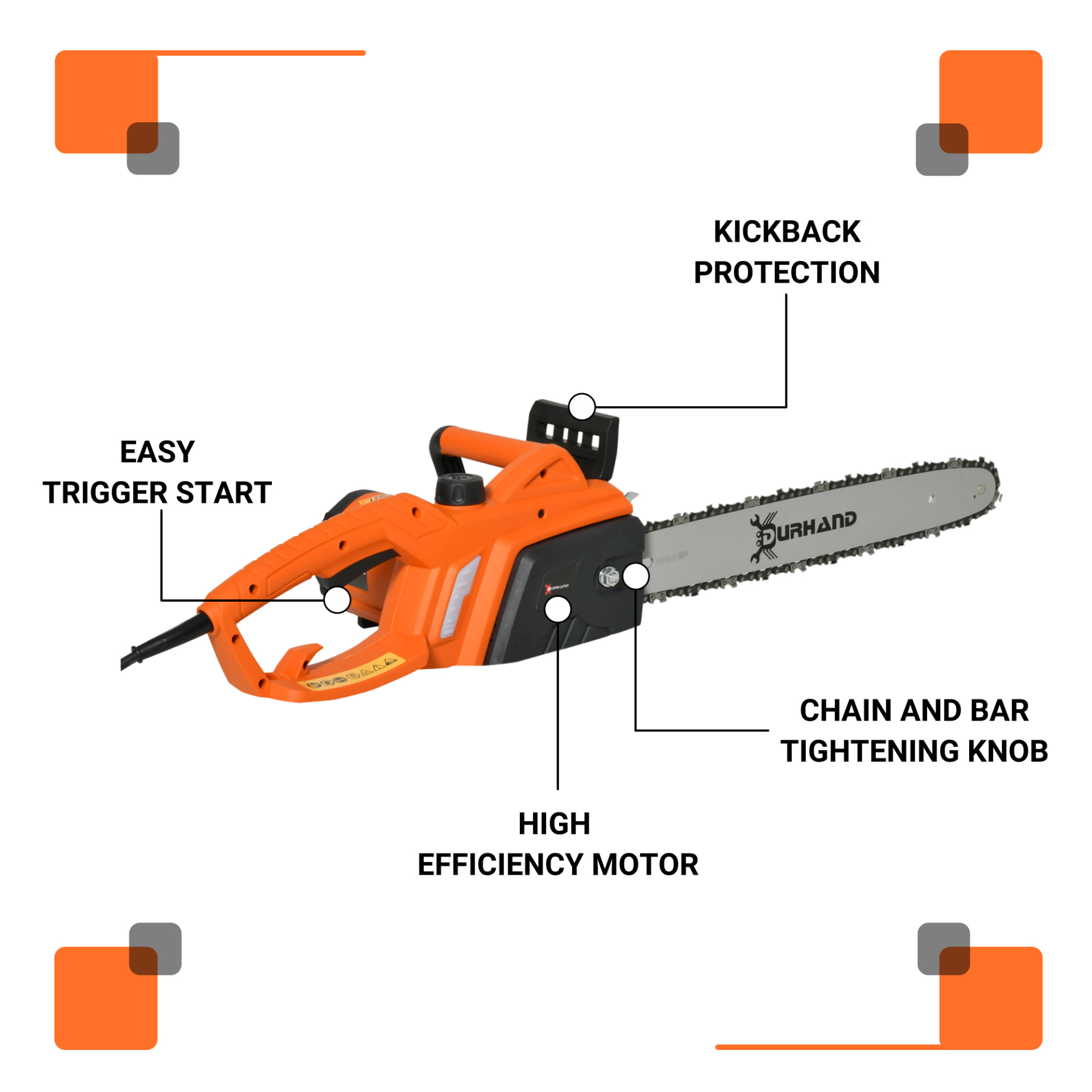 DURHAND Aluminum Electric Chainsaw Garden Tools Double Brake Cover Case Blade Corded,2000 W, 40 cm-Orange